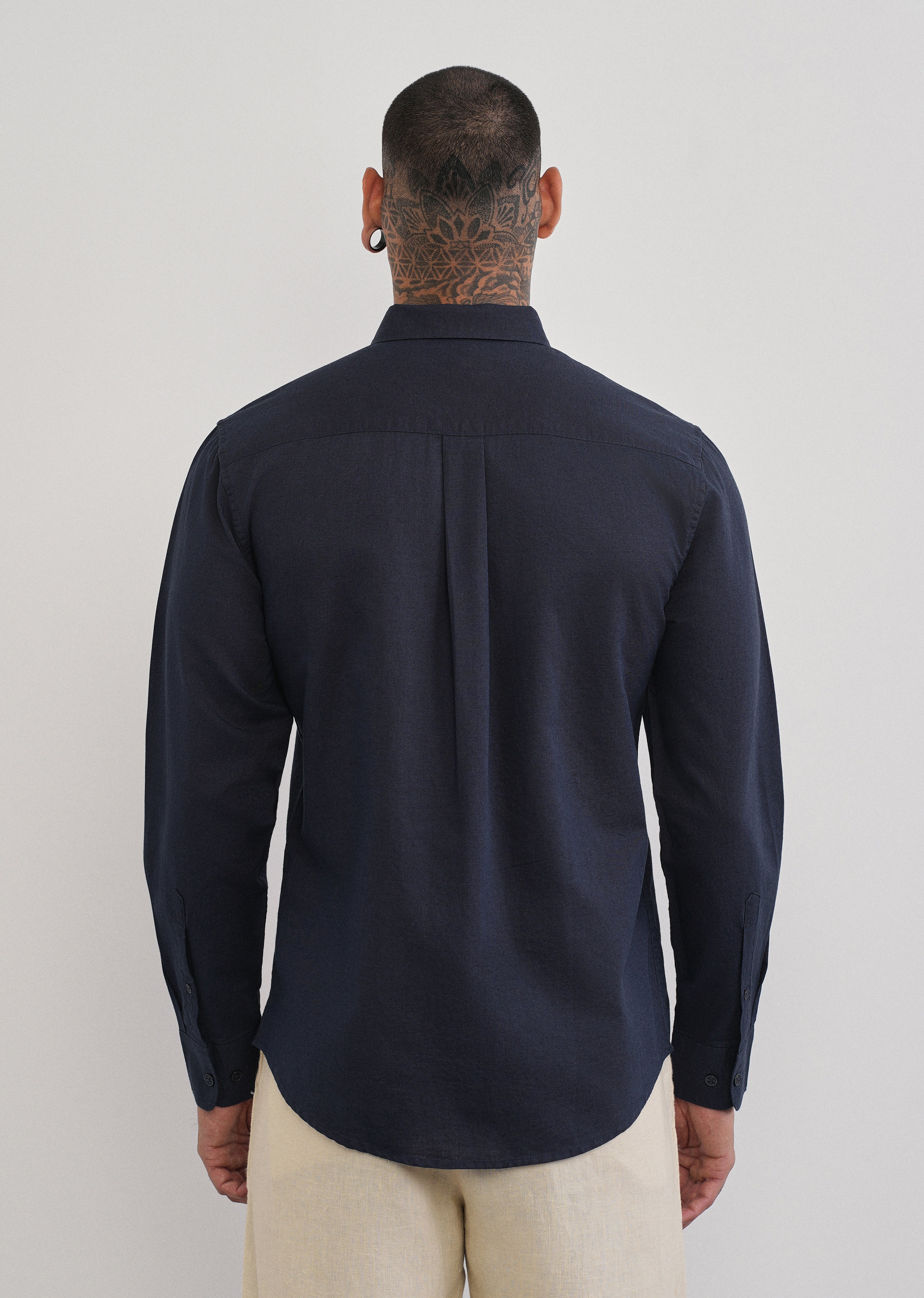 Navy Blue Cotton Linen Plain Shirt