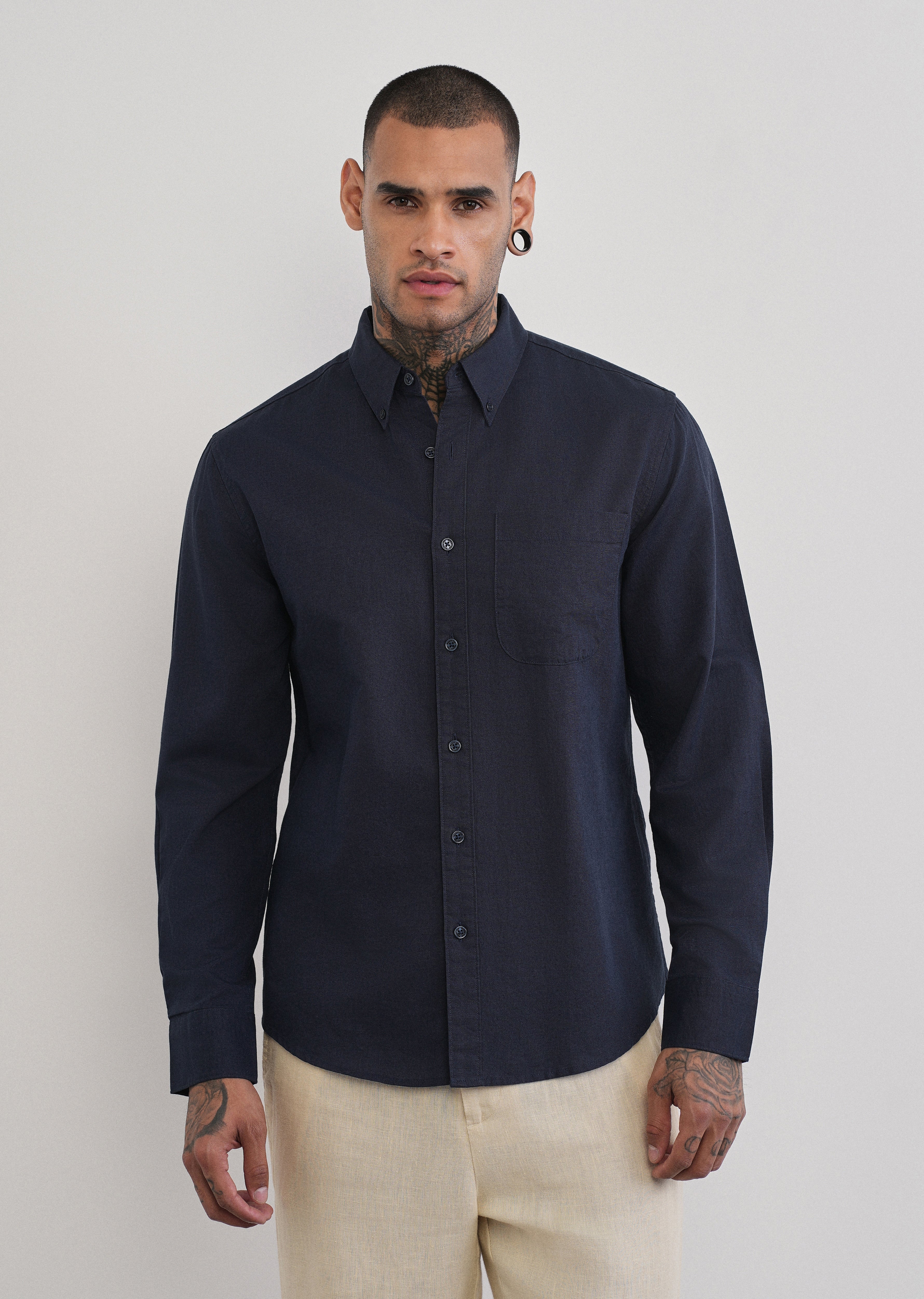Navy Blue Cotton Linen Plain Shirt