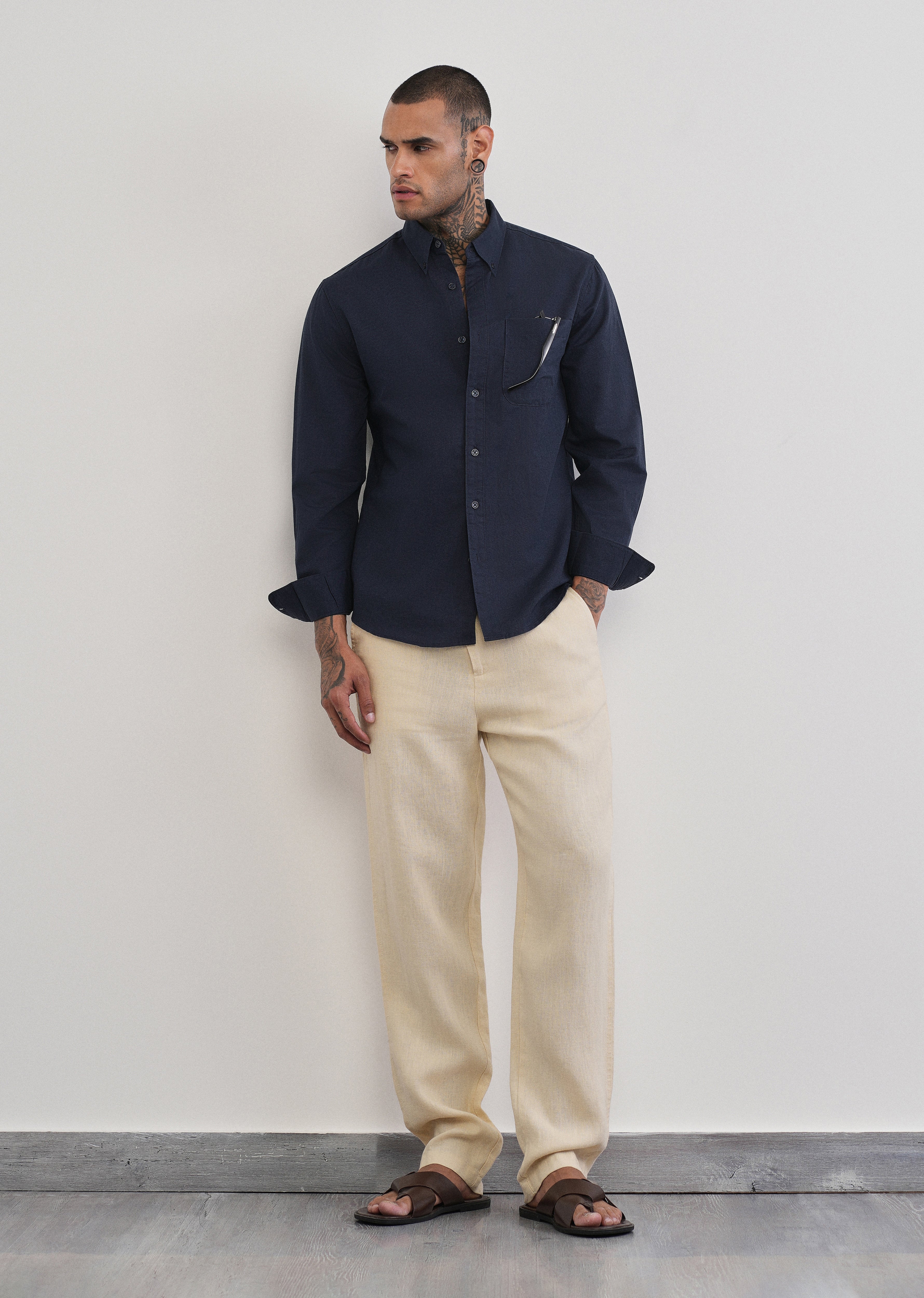 Navy Blue Cotton Linen Plain Shirt