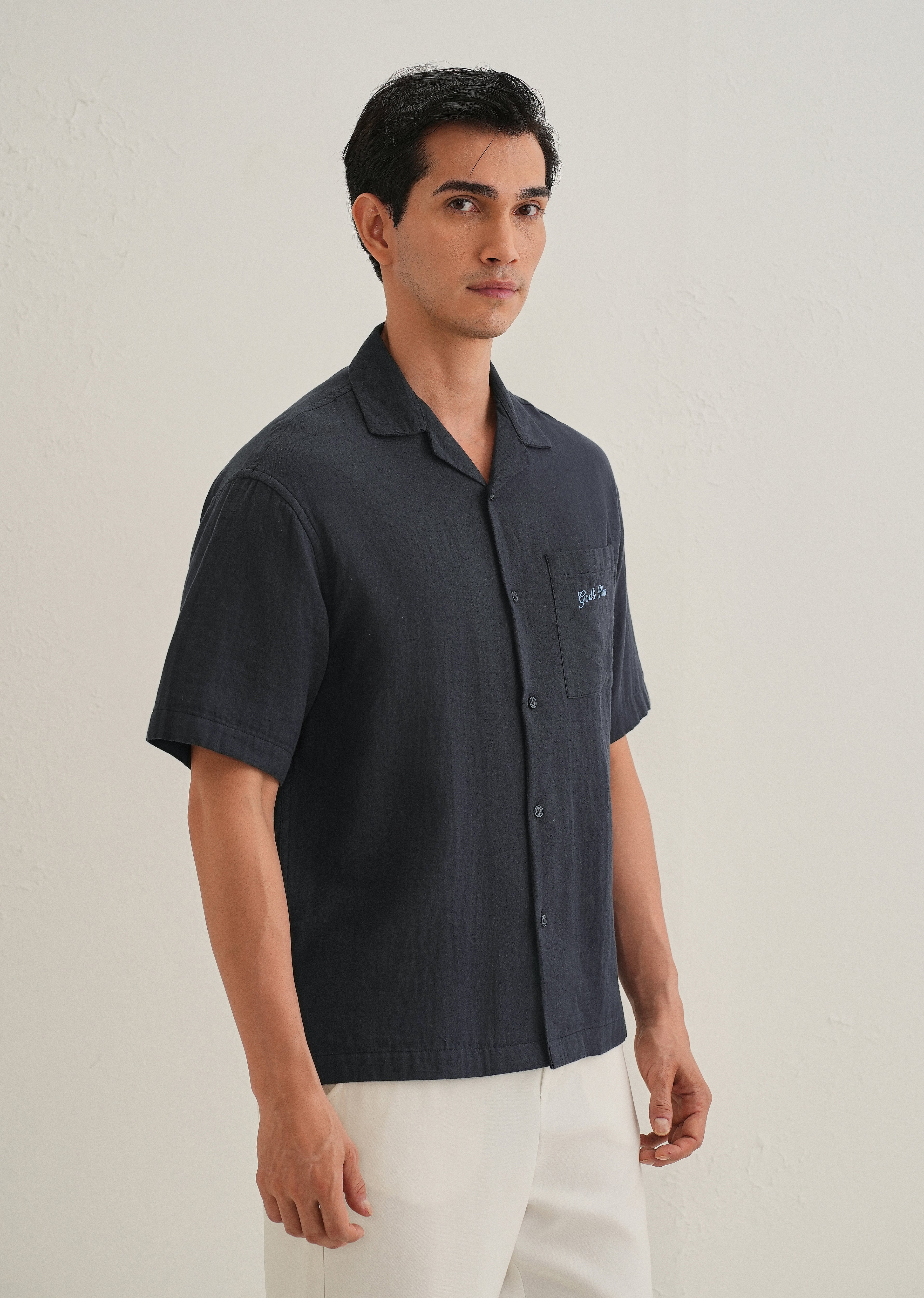 Navy Blue Embroidered Double Cloth Cotton Shirt
