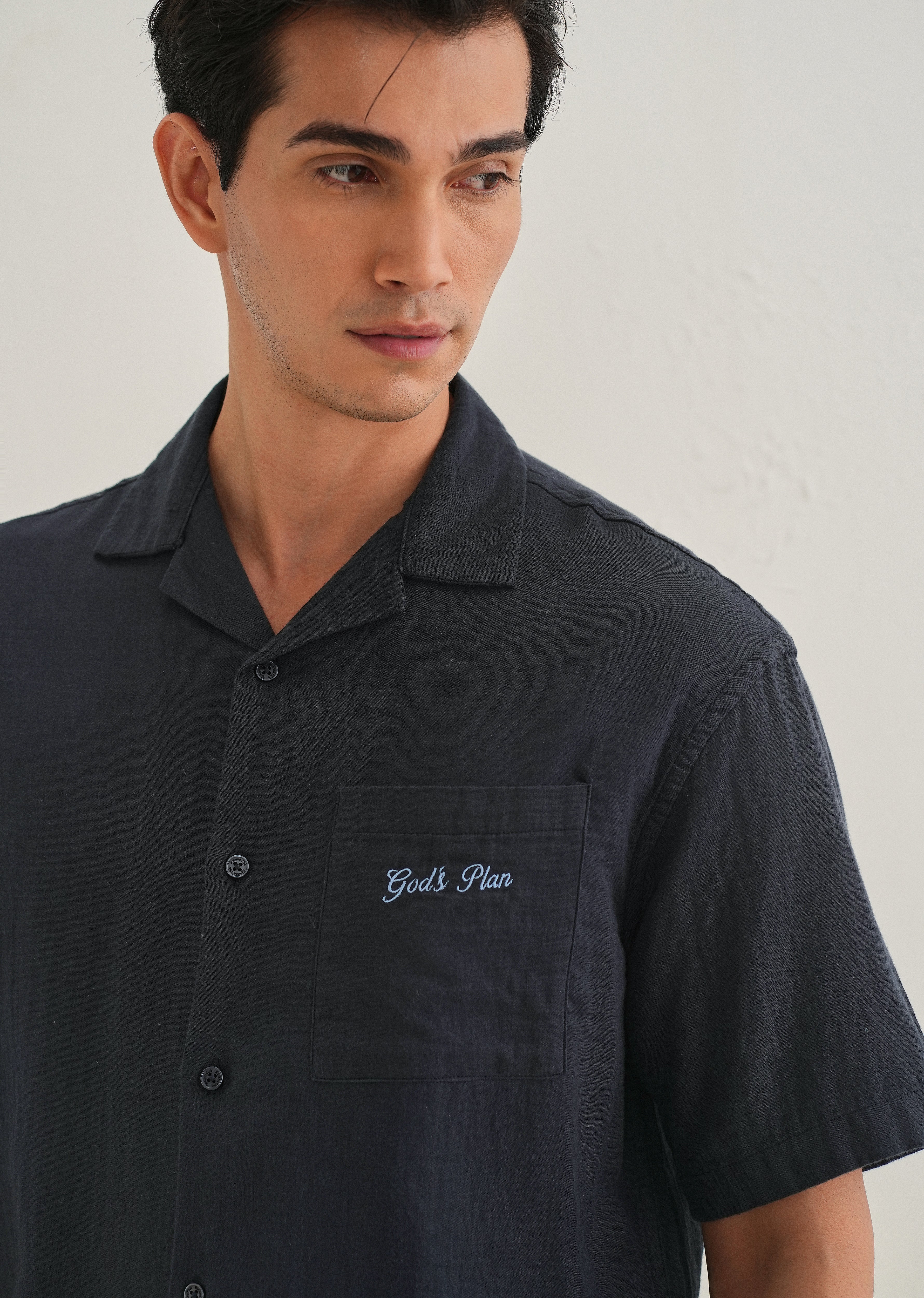 Navy Blue Embroidered Double Cloth Cotton Shirt