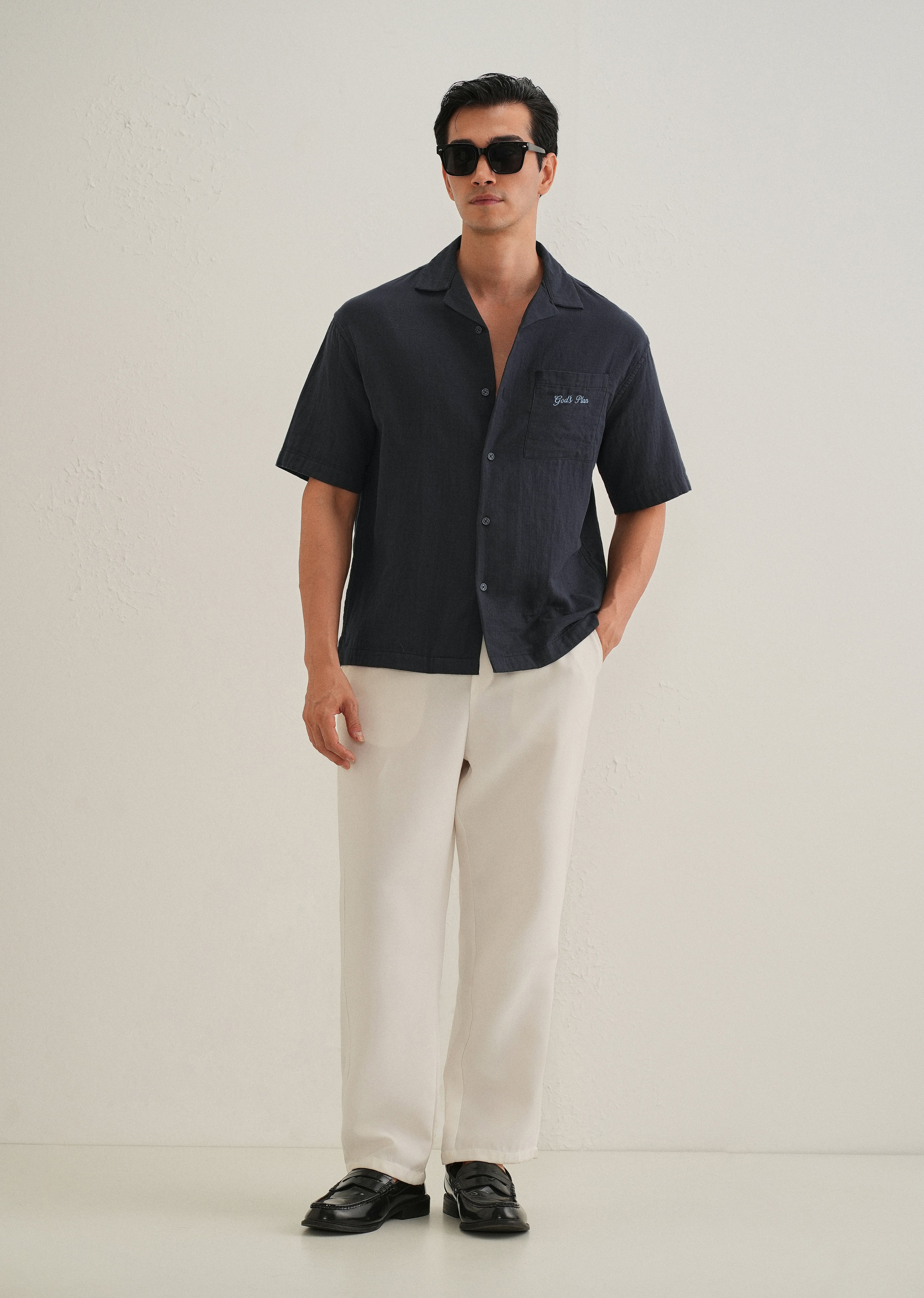 Navy Blue Embroidered Double Cloth Cotton Shirt