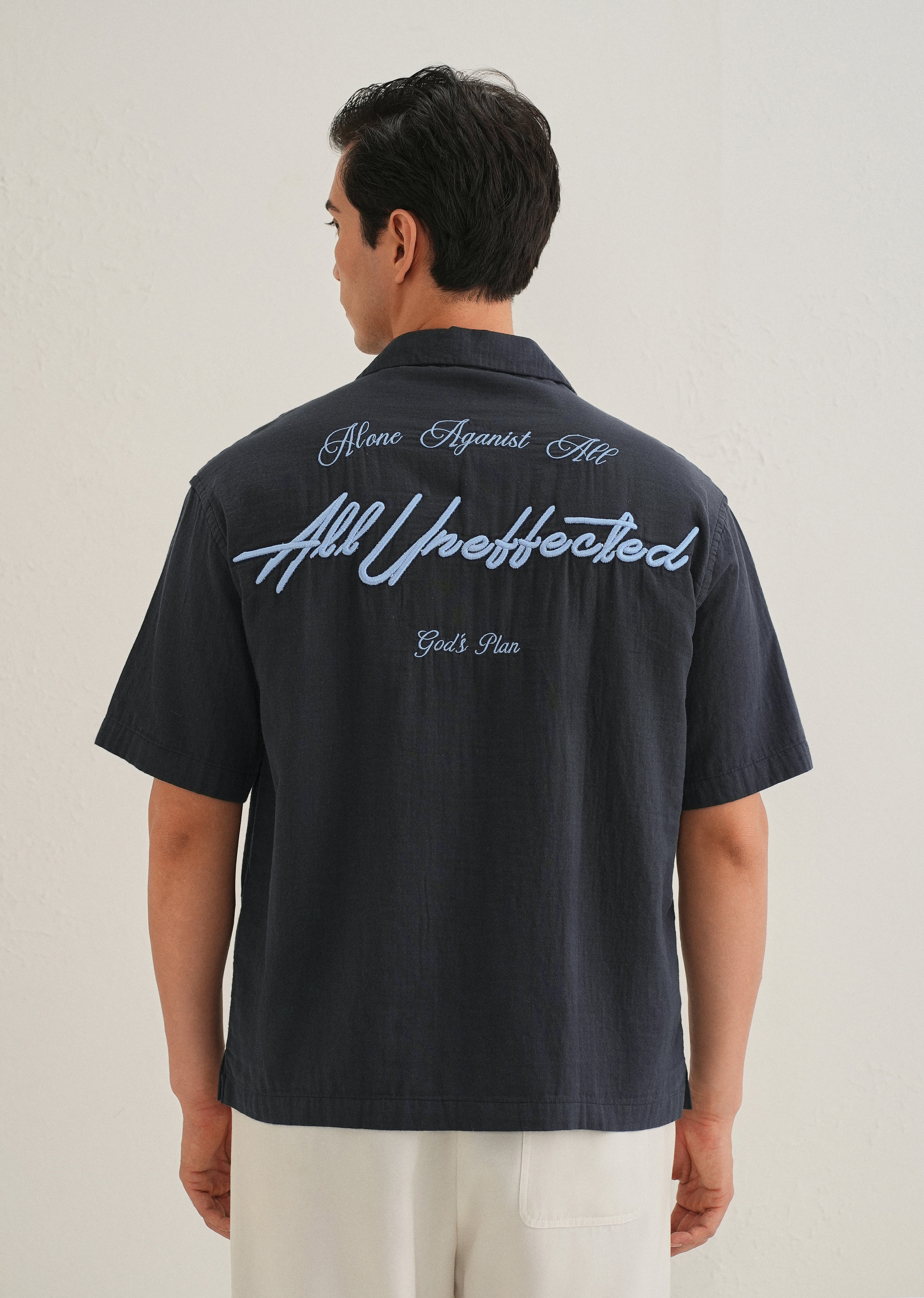 Navy Blue Embroidered Double Cloth Cotton Shirt