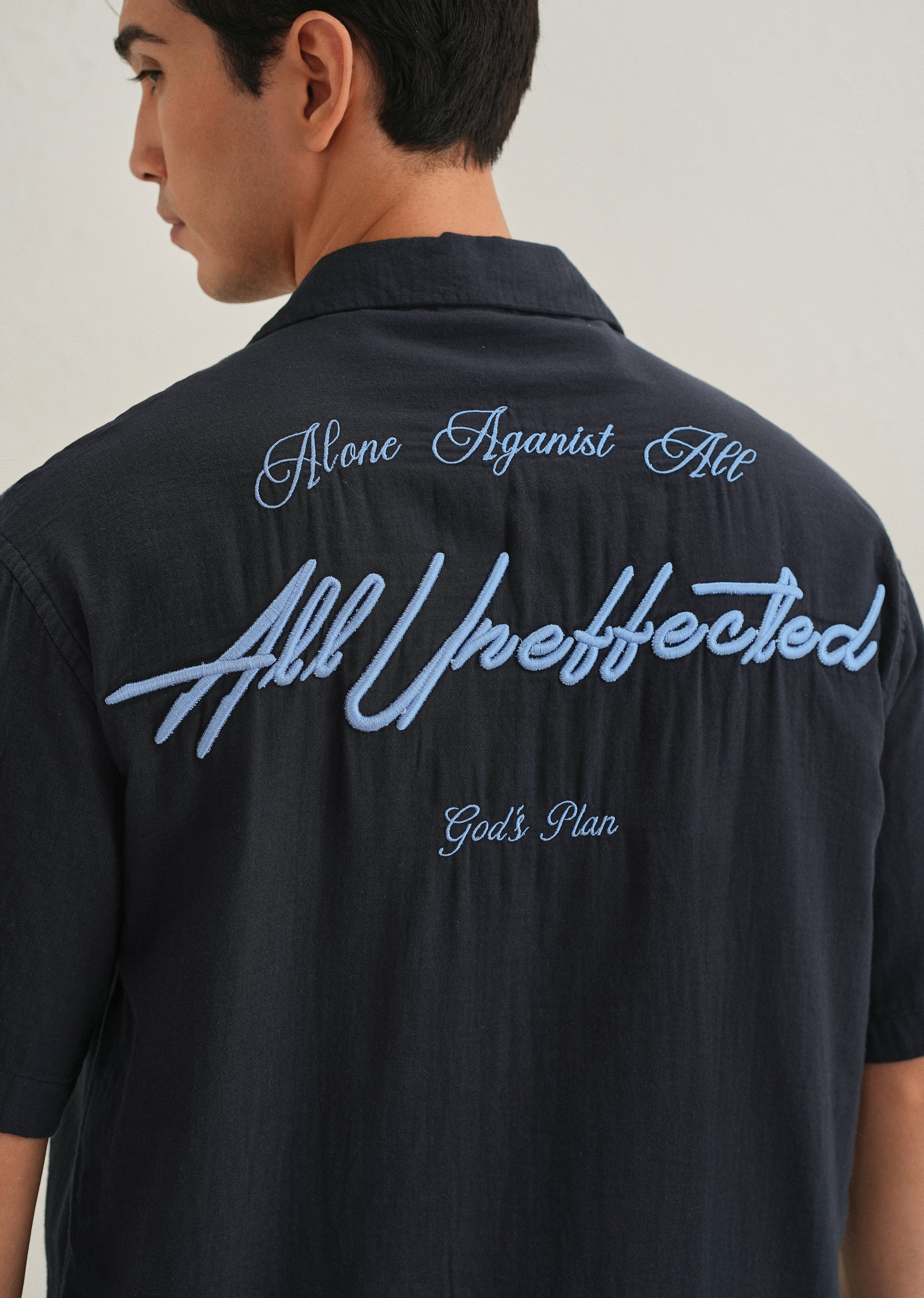 Navy Blue Embroidered Double Cloth Cotton Shirt