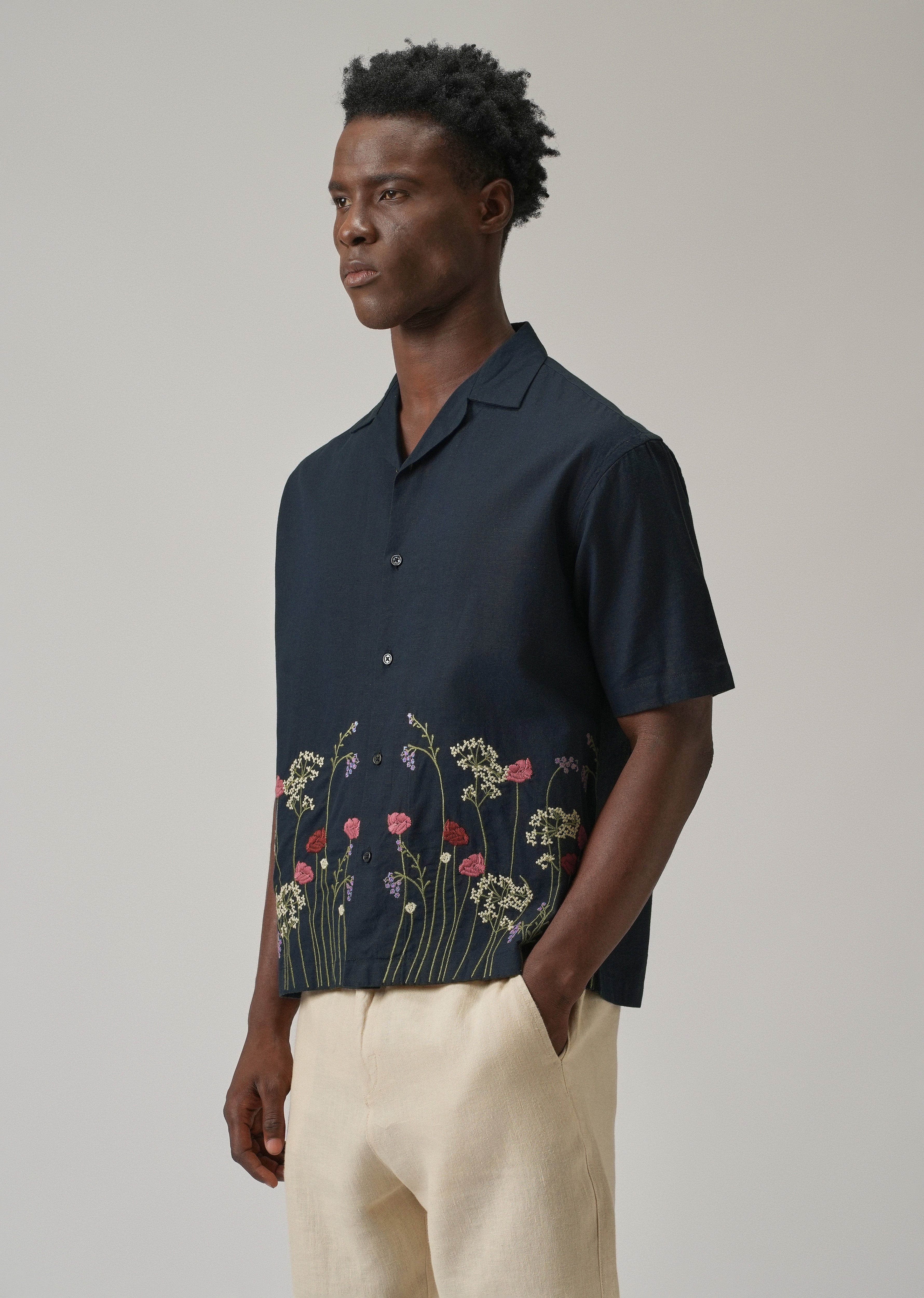 Navy Blue Floral Embroidery Linen Shirt
