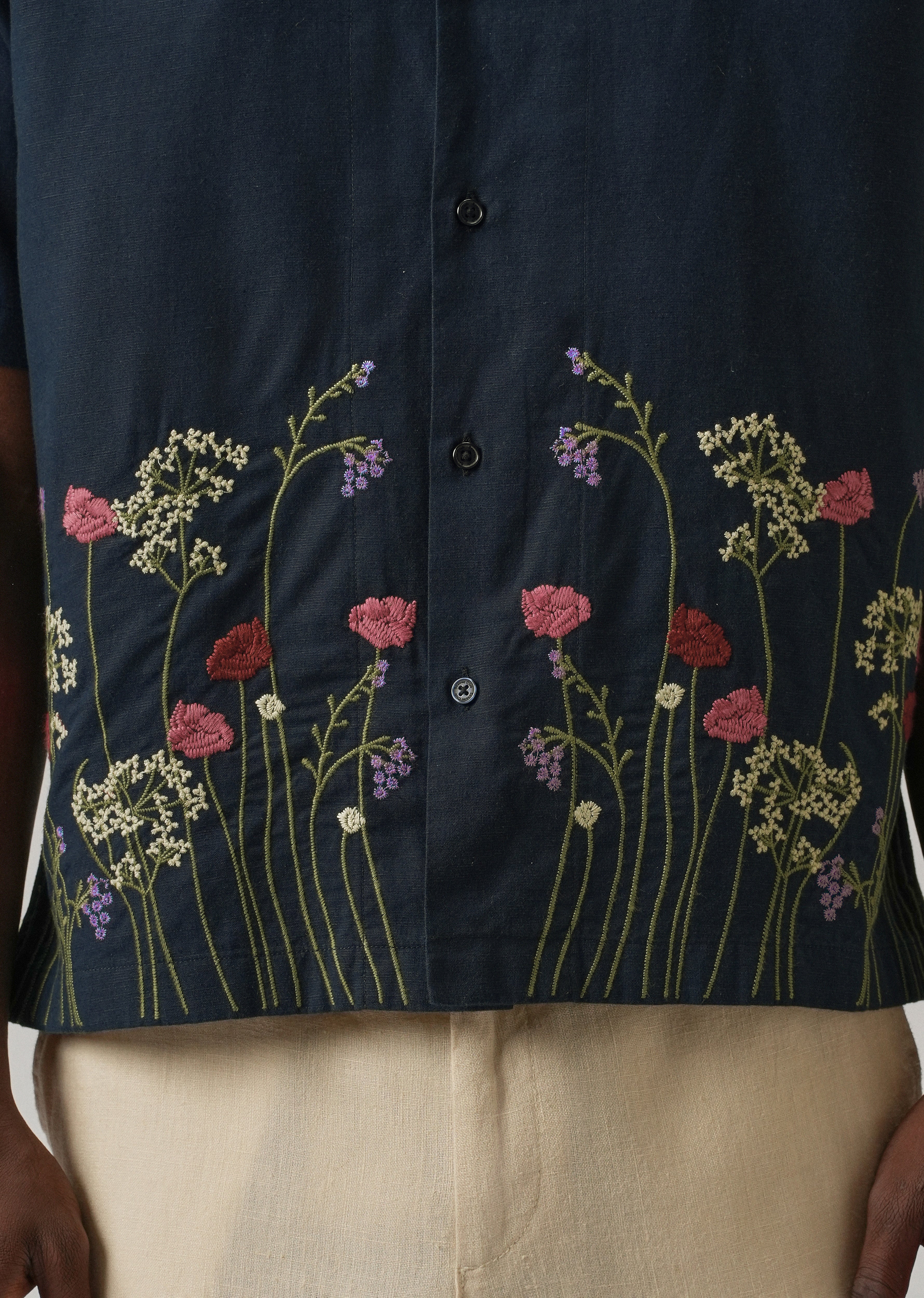 Navy Blue Floral Embroidery Linen Shirt