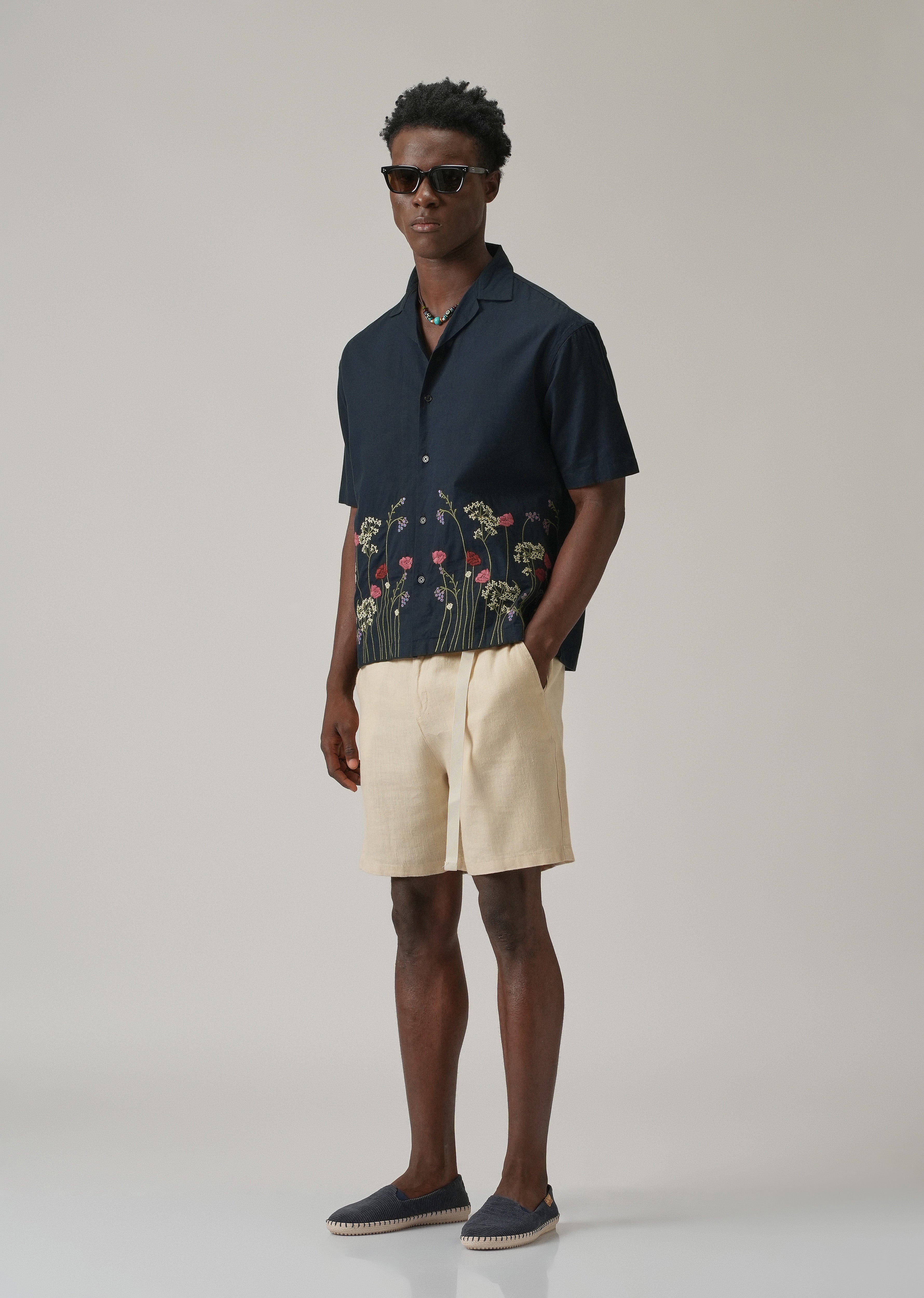Navy Blue Floral Embroidery Linen Shirt