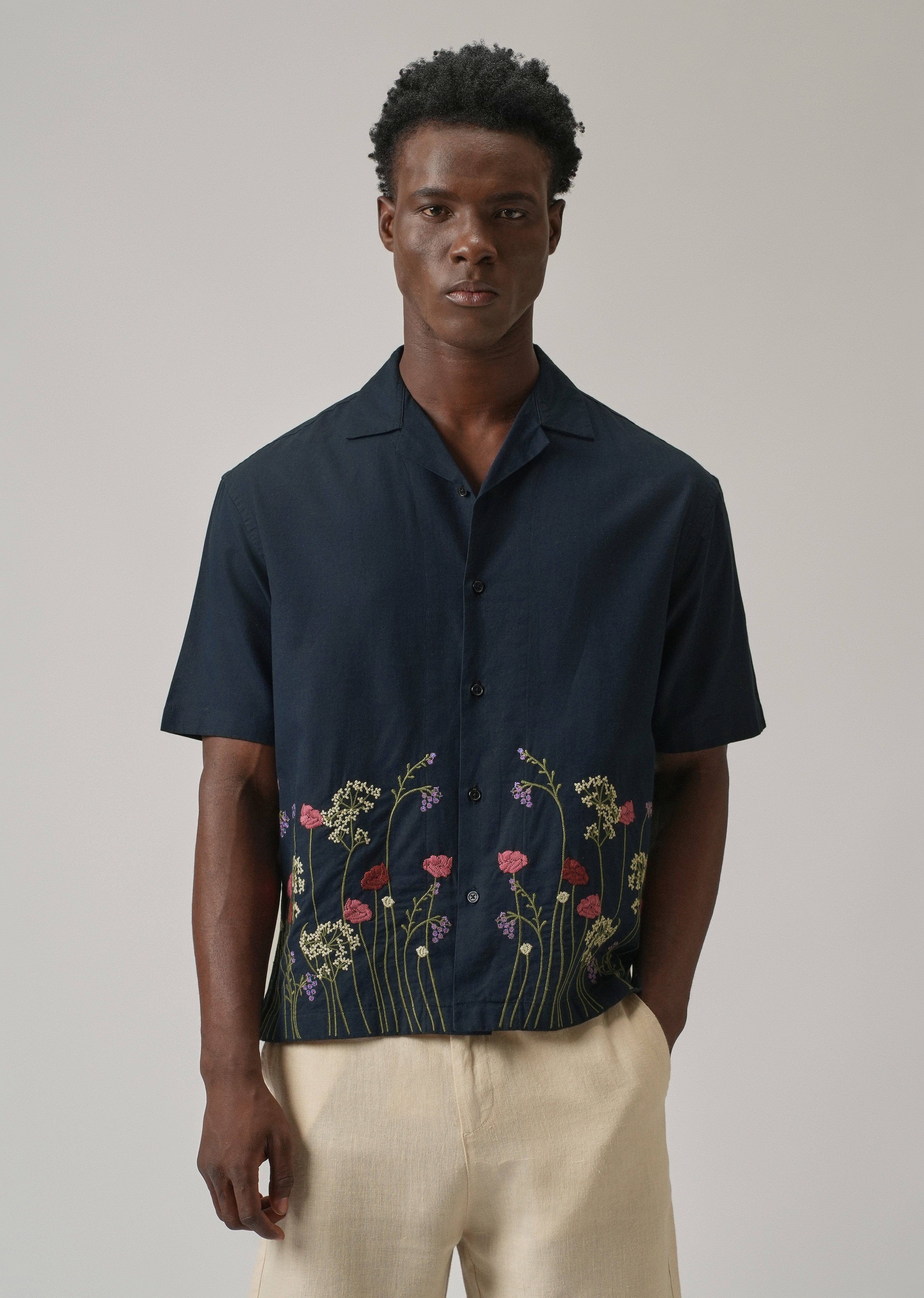 Navy Blue Floral Embroidery Linen Shirt