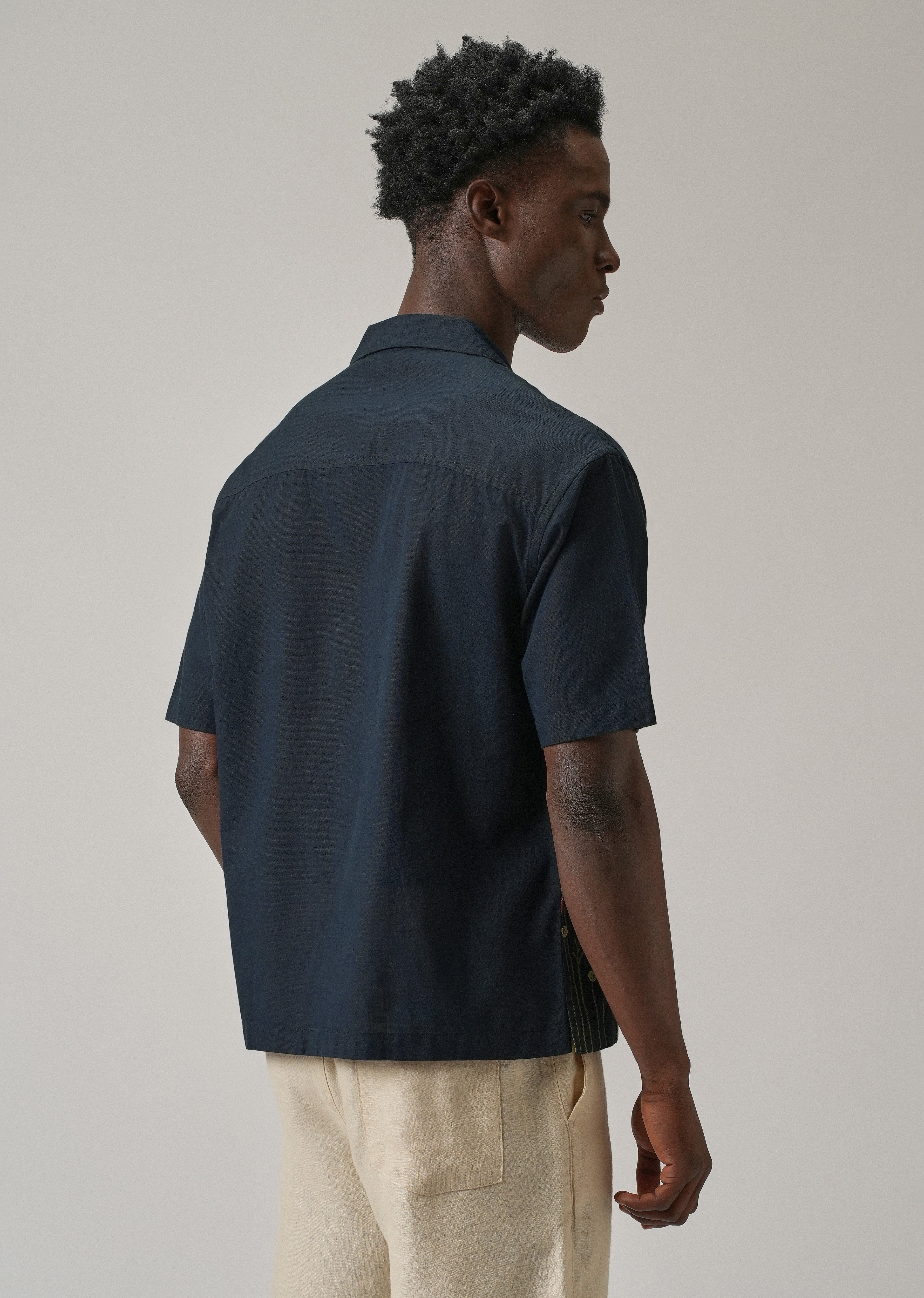 Navy Blue Floral Embroidery Linen Shirt