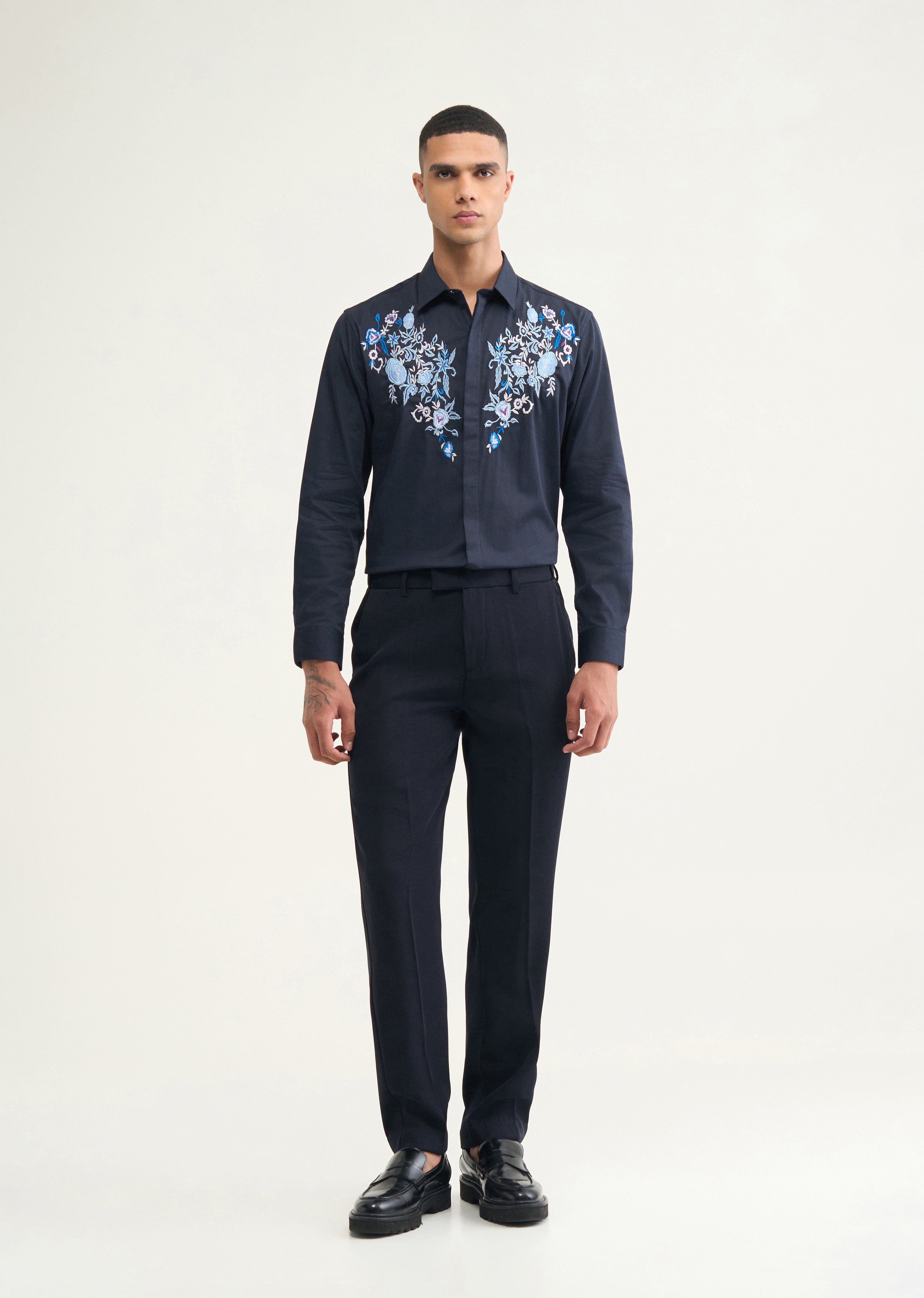 Navy Blue Floral Embroidery Designer Shirt