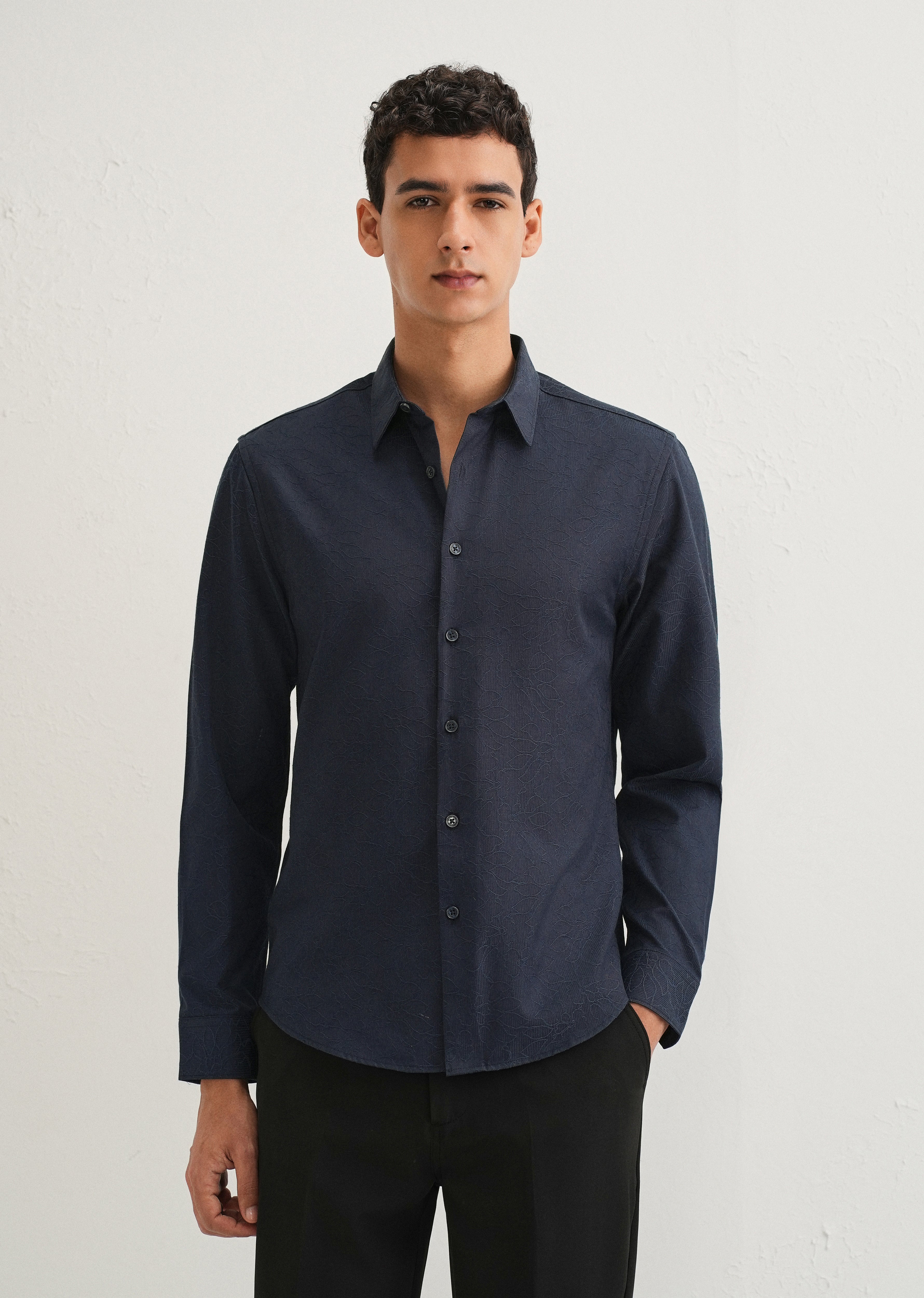 Navy Blue Floral Jacquard Shirt