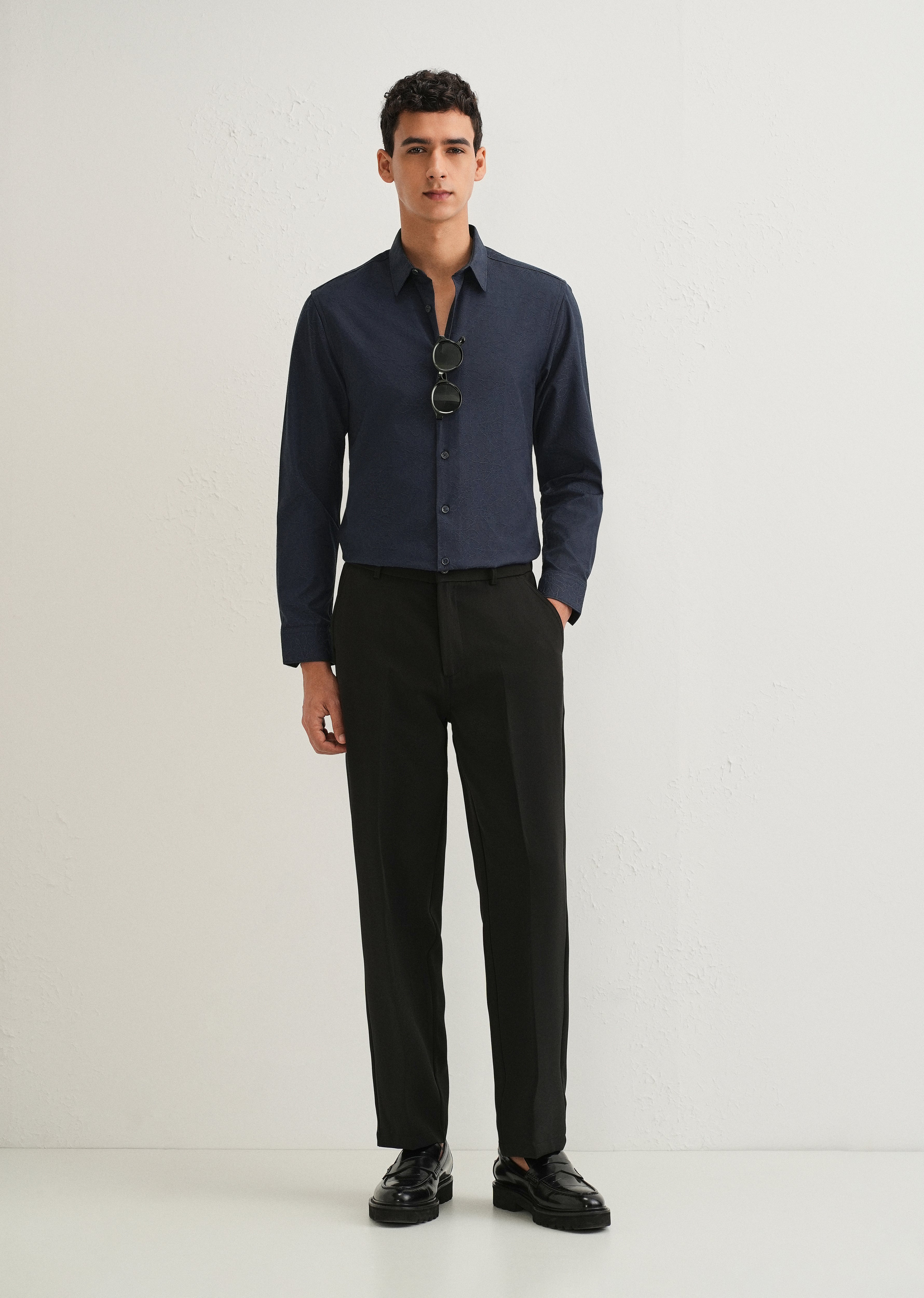 Navy Blue Floral Jacquard Shirt