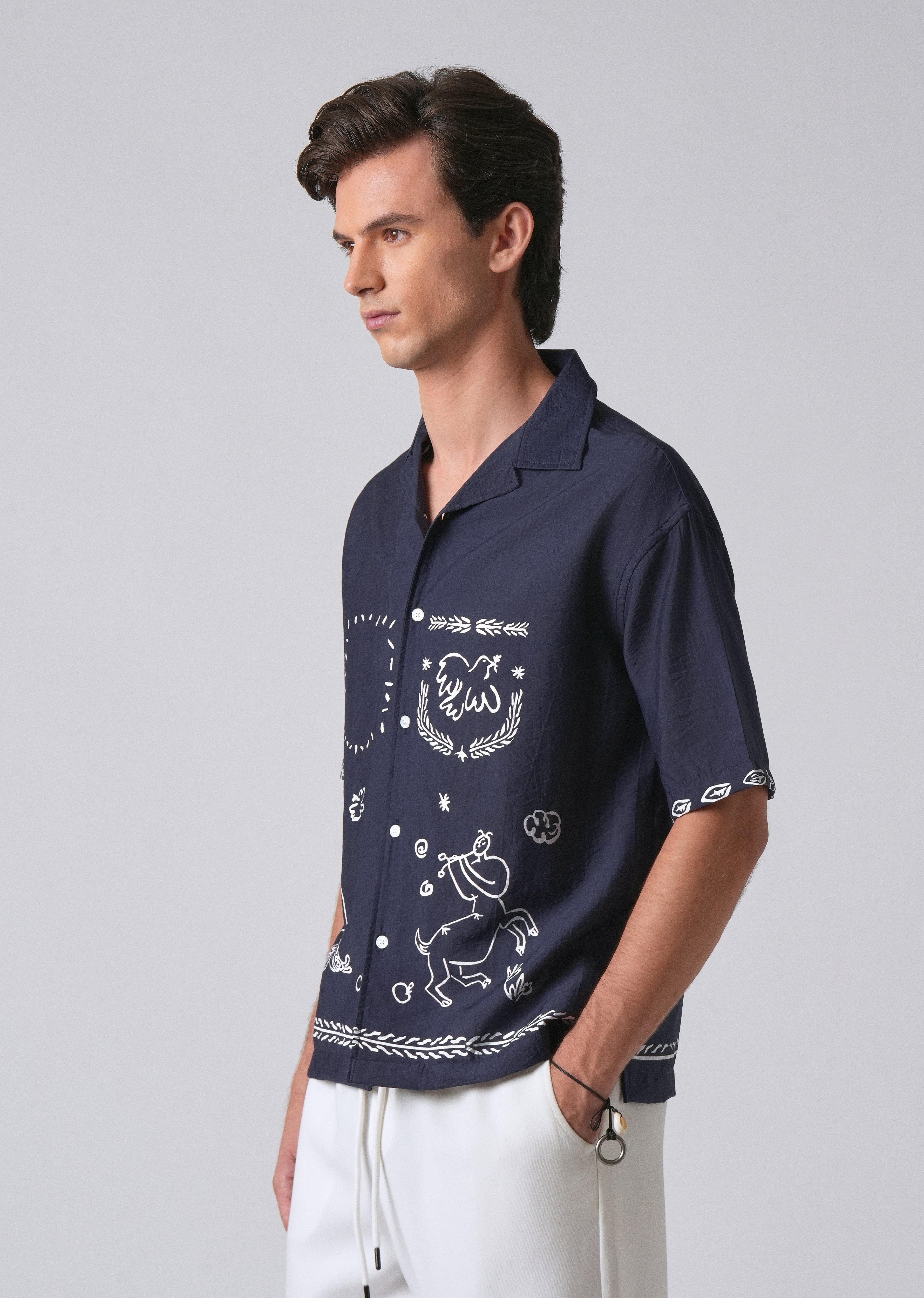 Navy Blue Folk Print Shirt