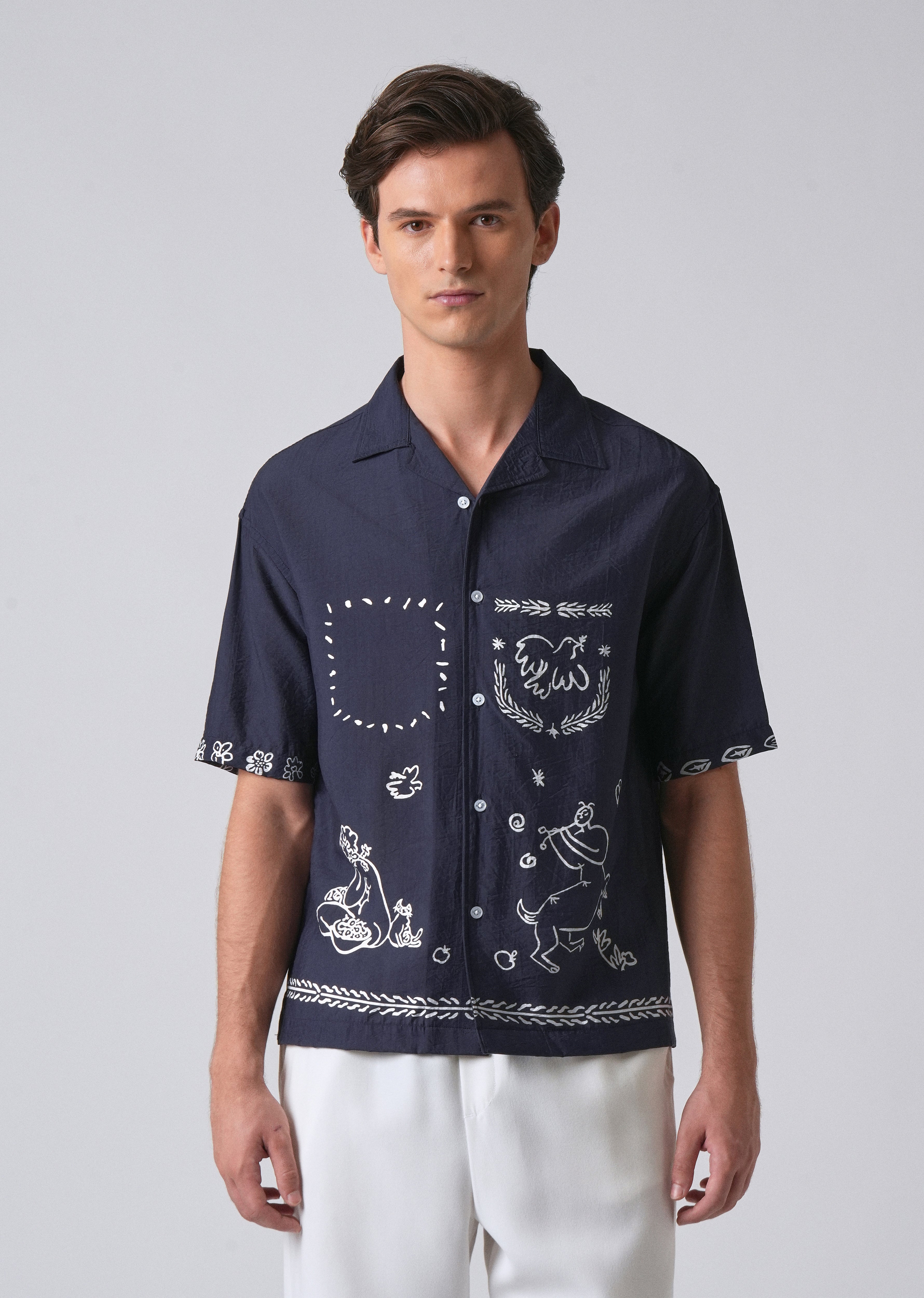Navy Blue Folk Print Shirt