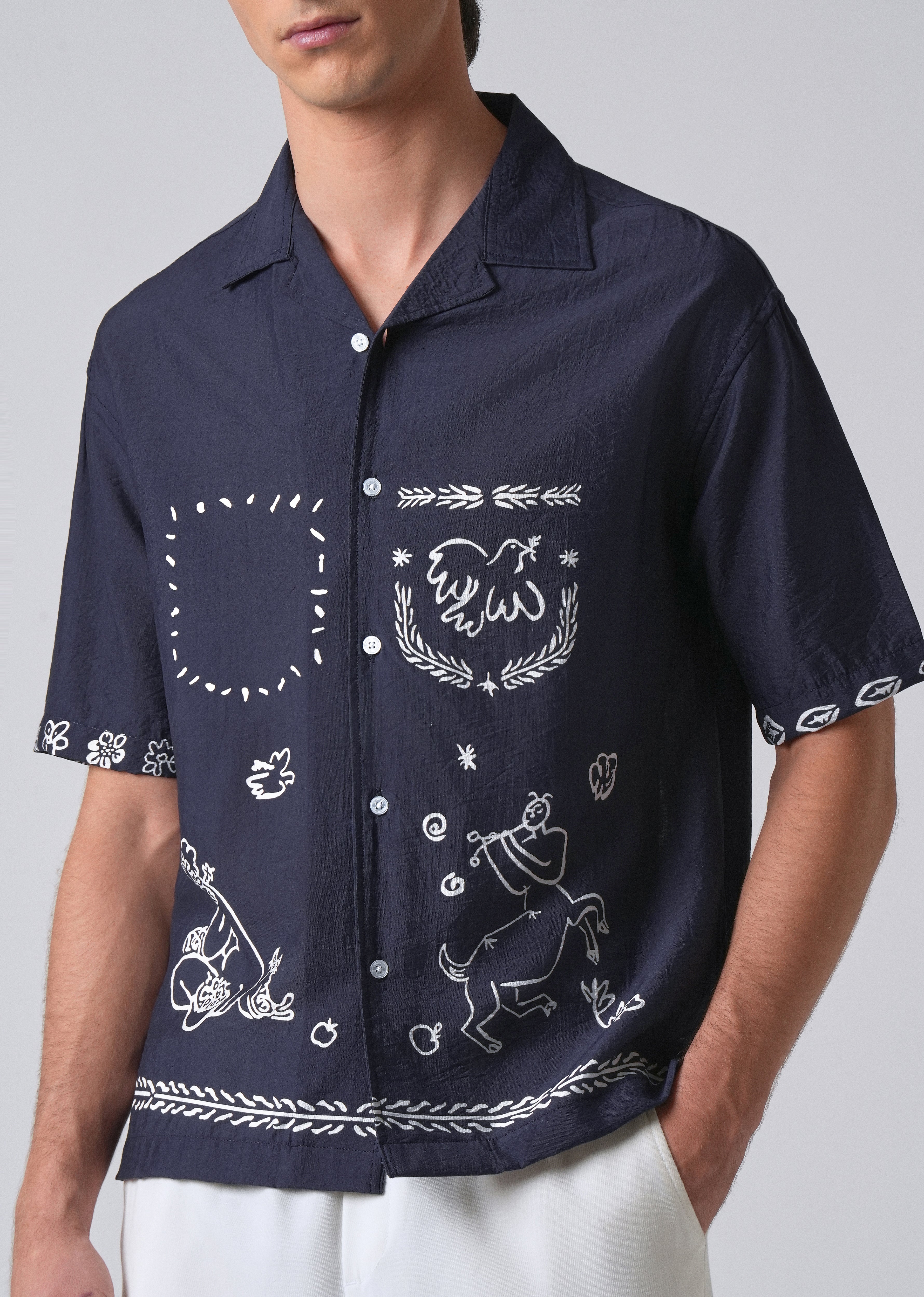 Navy Blue Folk Print Shirt