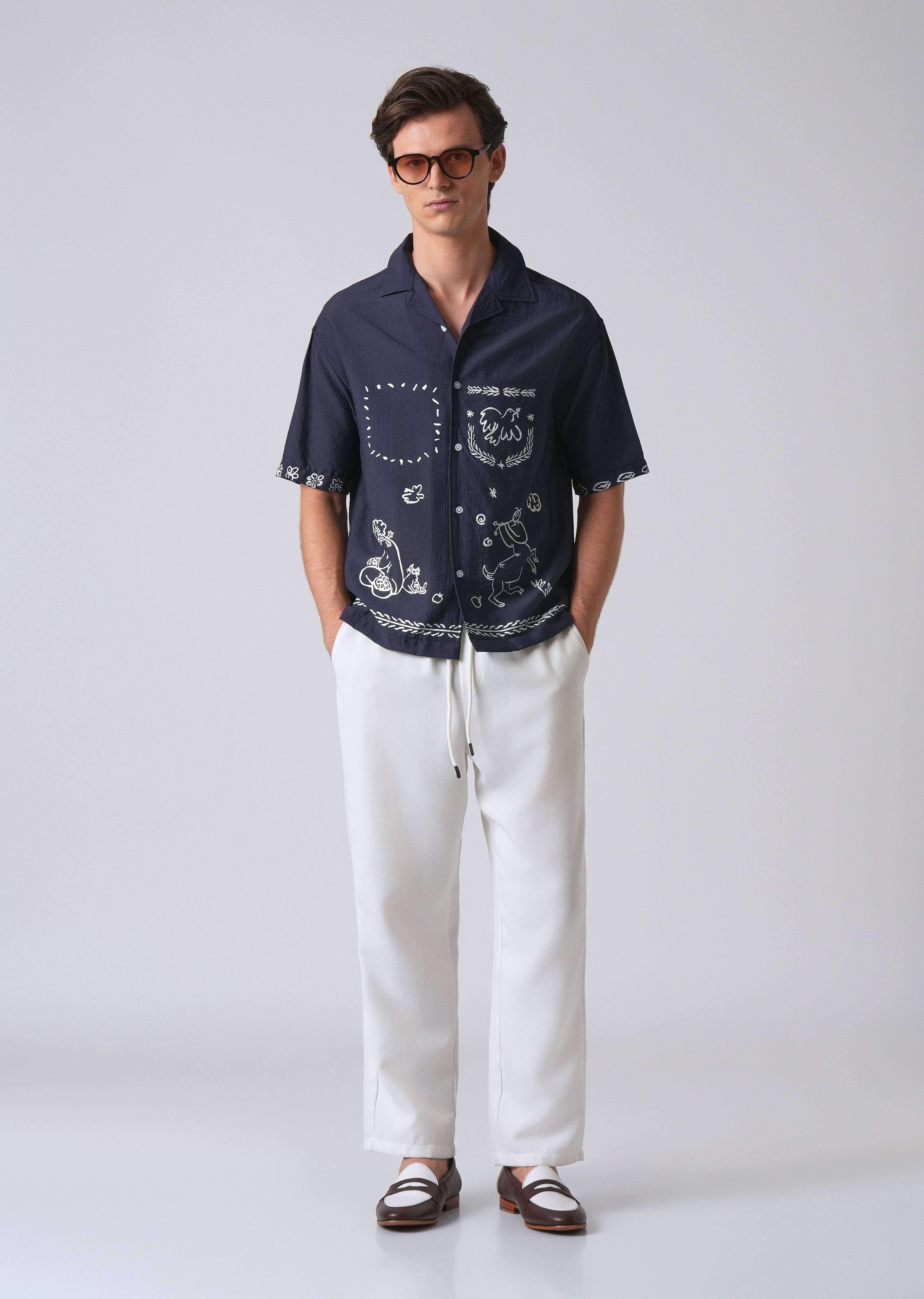 Navy Blue Folk Print Shirt