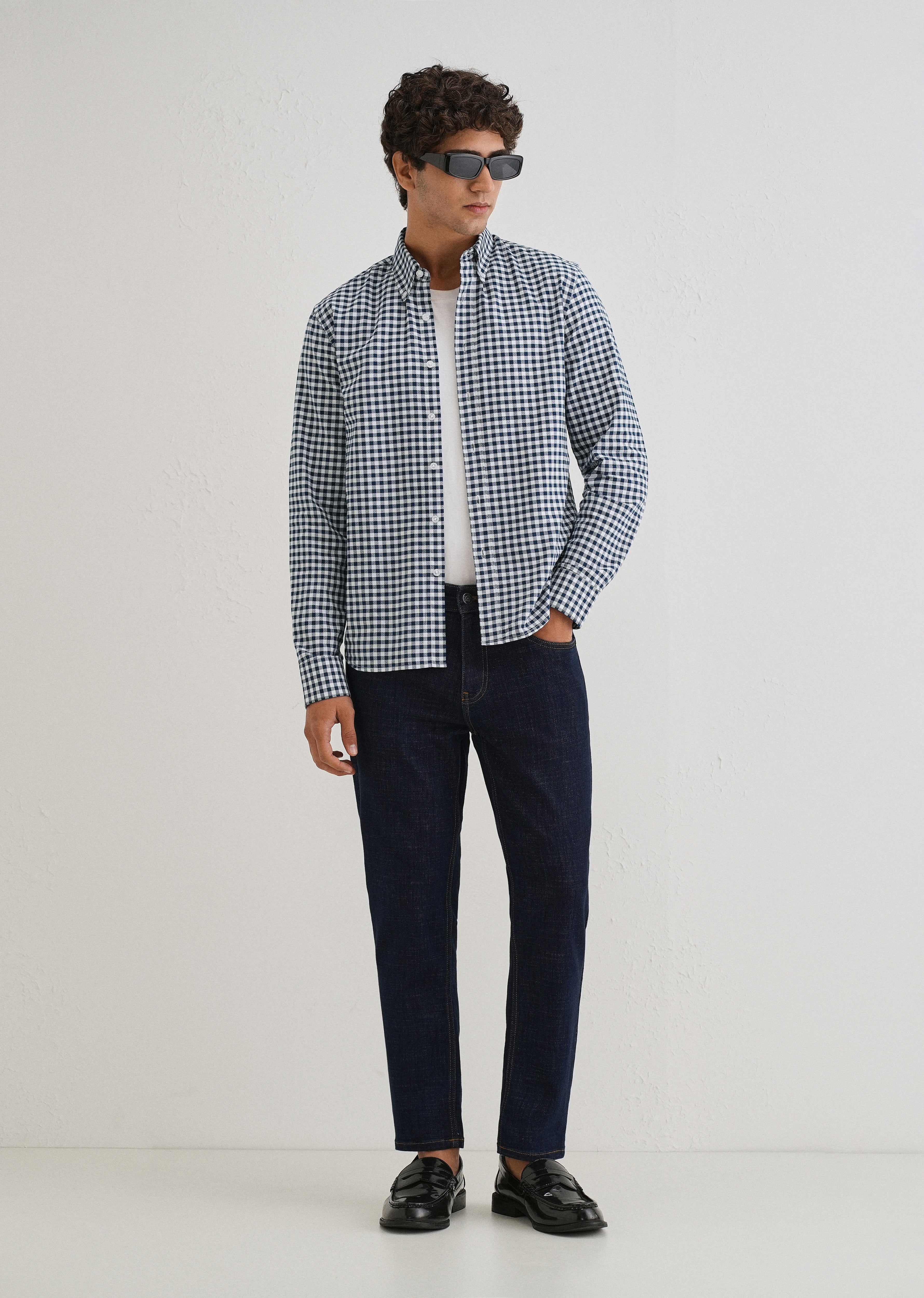 Navy Blue Gingham Check Cotton Oxford Shirt