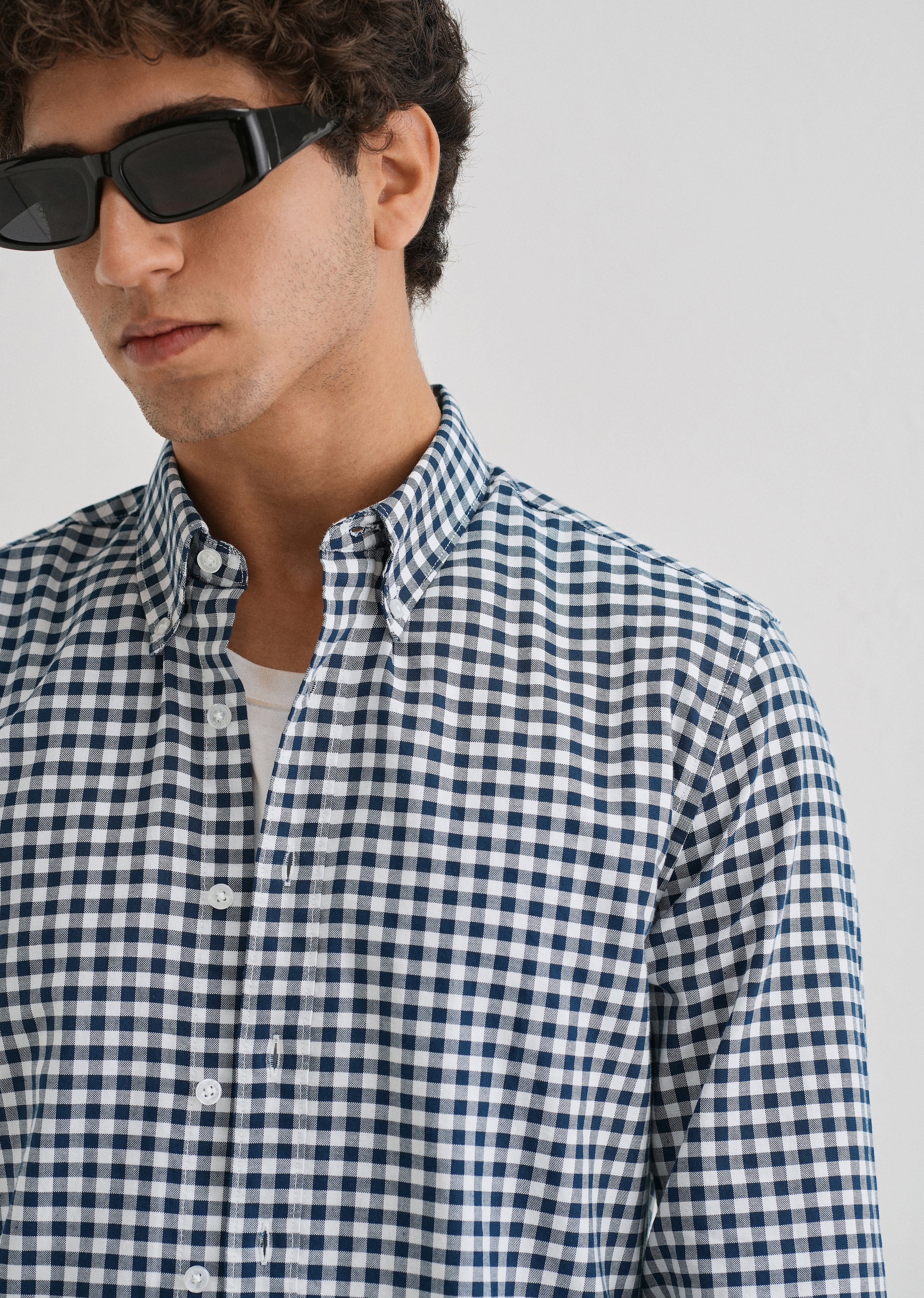 Navy Blue Gingham Check Cotton Oxford Shirt