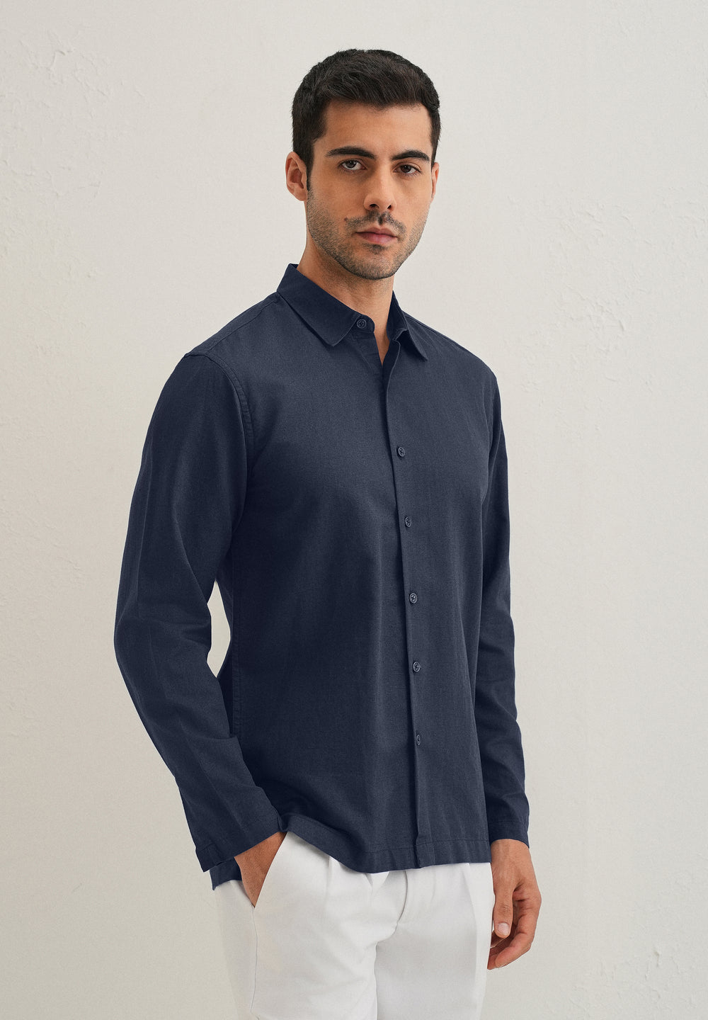 Navy Blue Hidden Sleeve Placket Cotton Linen Shirt