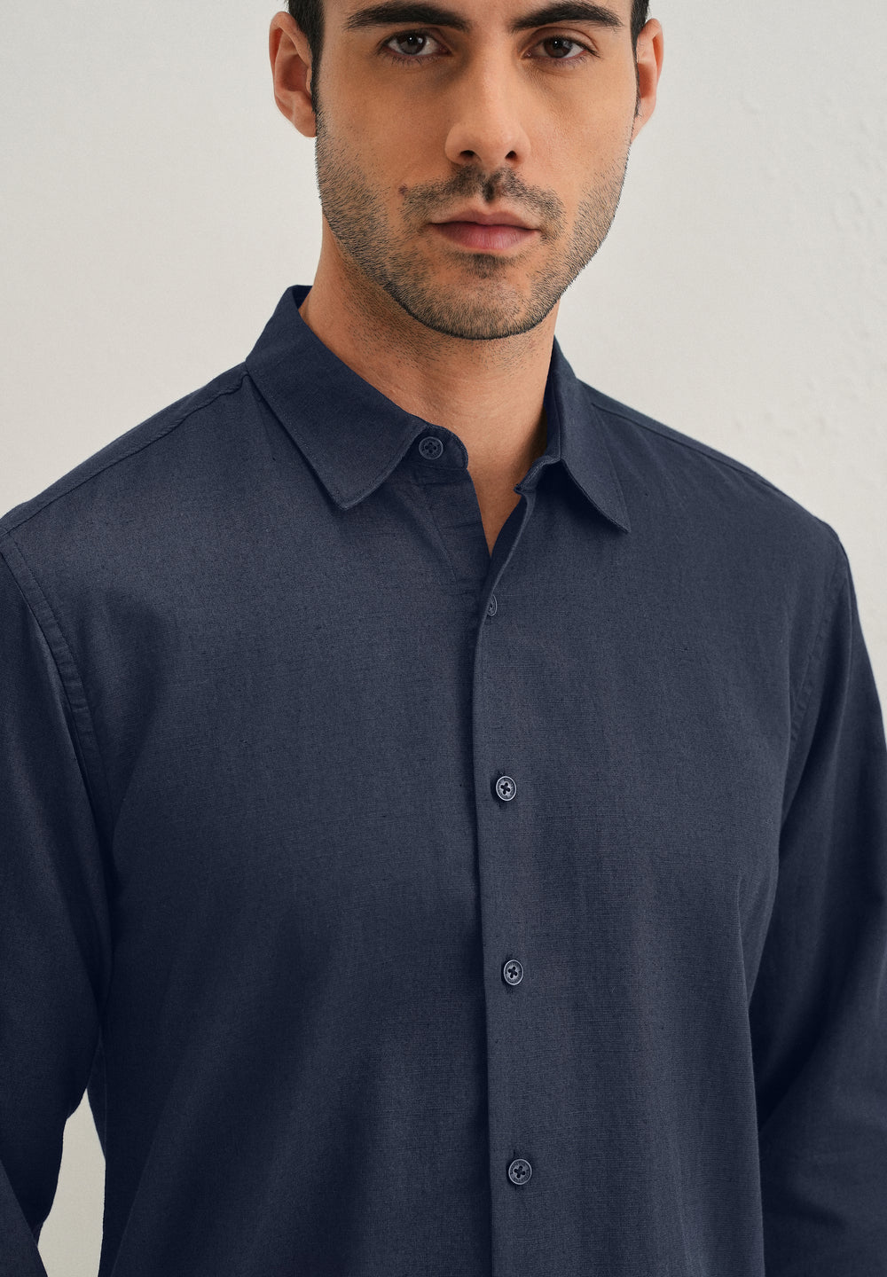 Navy Blue Hidden Sleeve Placket Cotton Linen Shirt