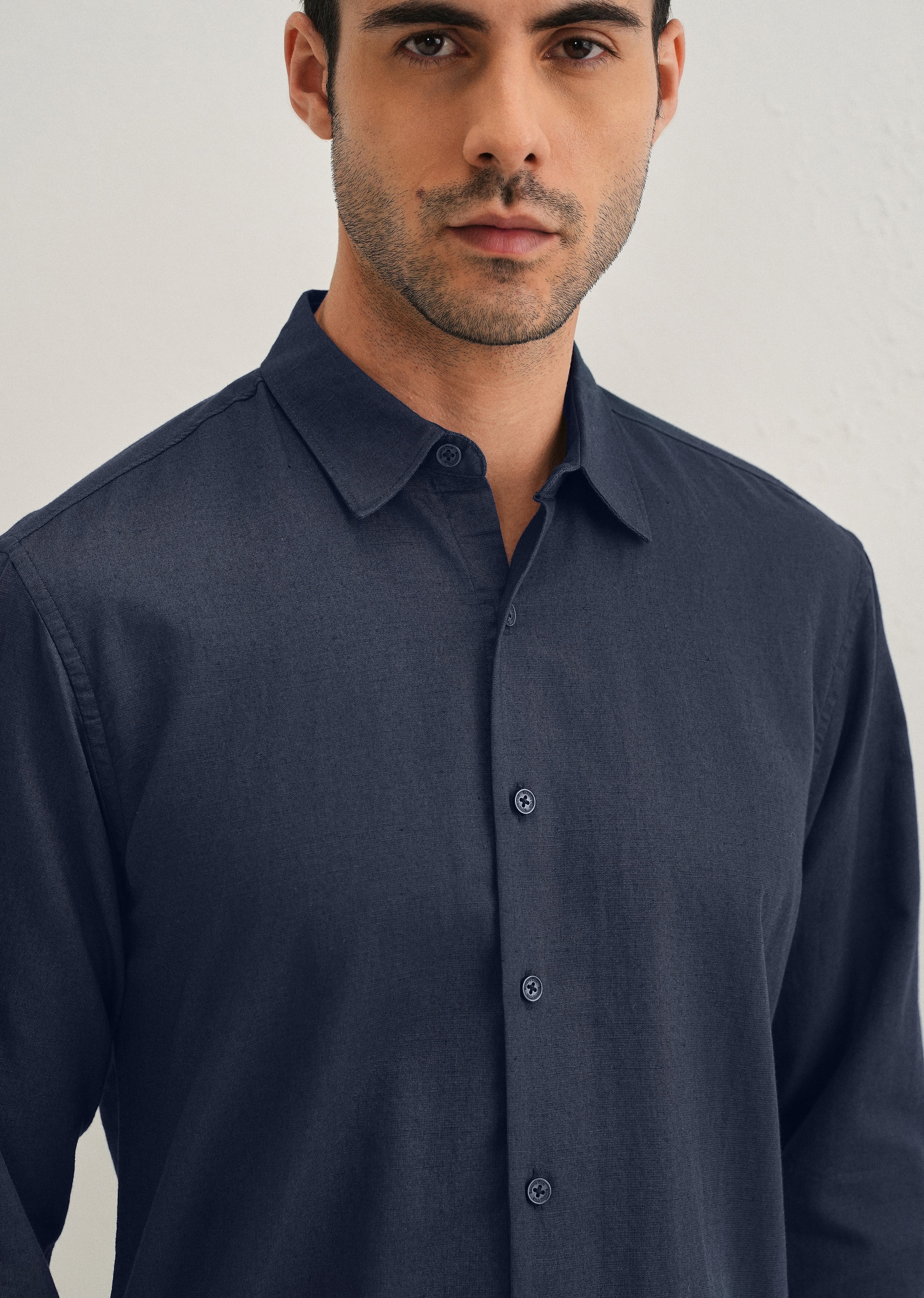 Navy Blue Hidden Sleeve Placket Cotton Linen Shirt