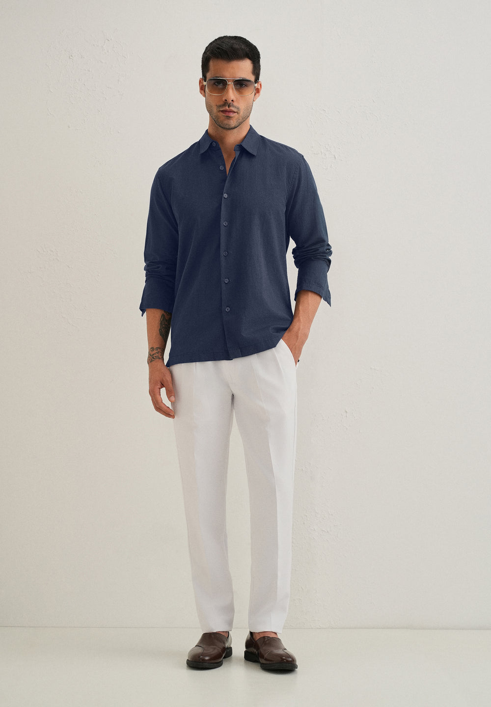 Navy Blue Hidden Sleeve Placket Cotton Linen Shirt