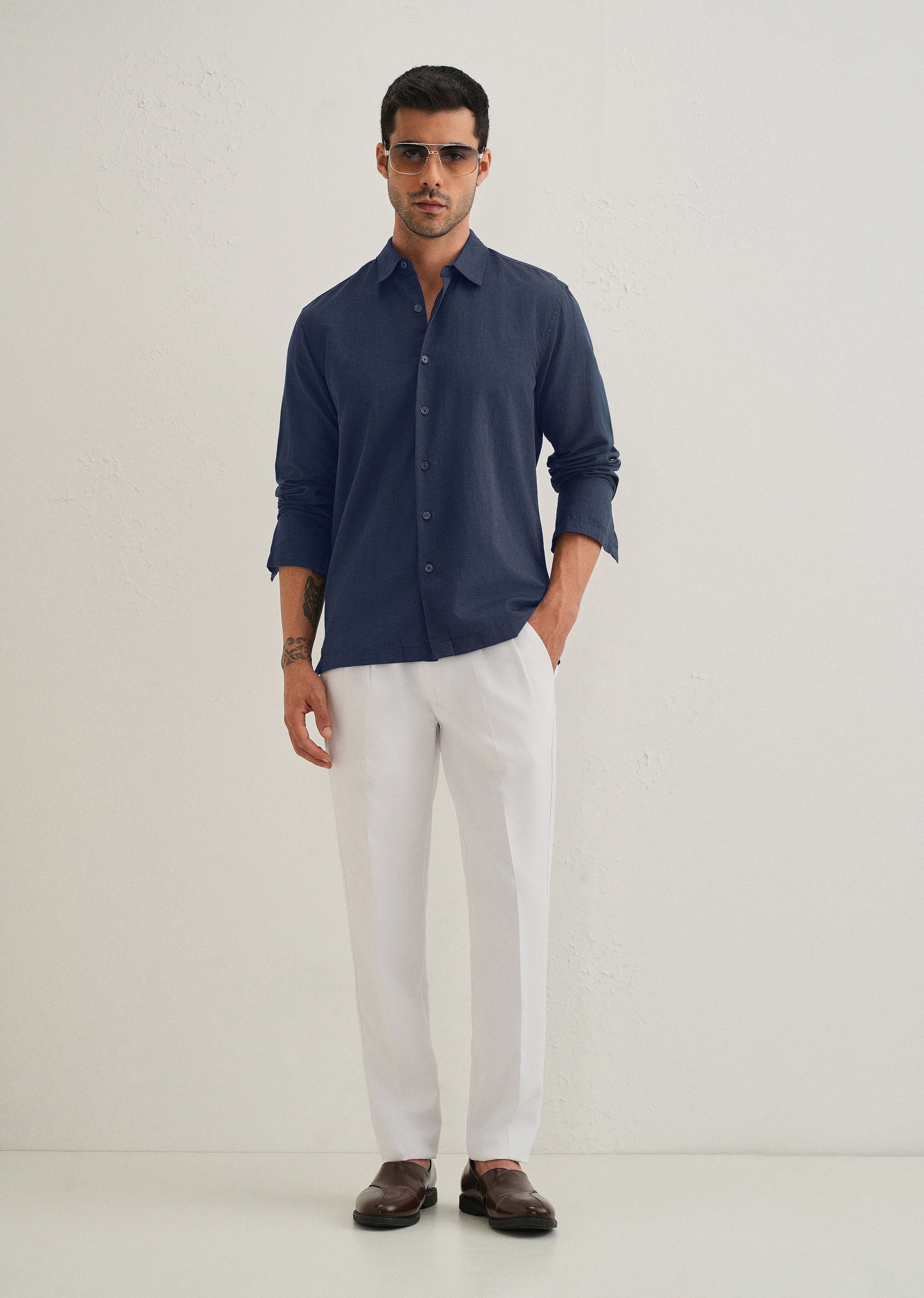 Navy Blue Hidden Sleeve Placket Cotton Linen Shirt