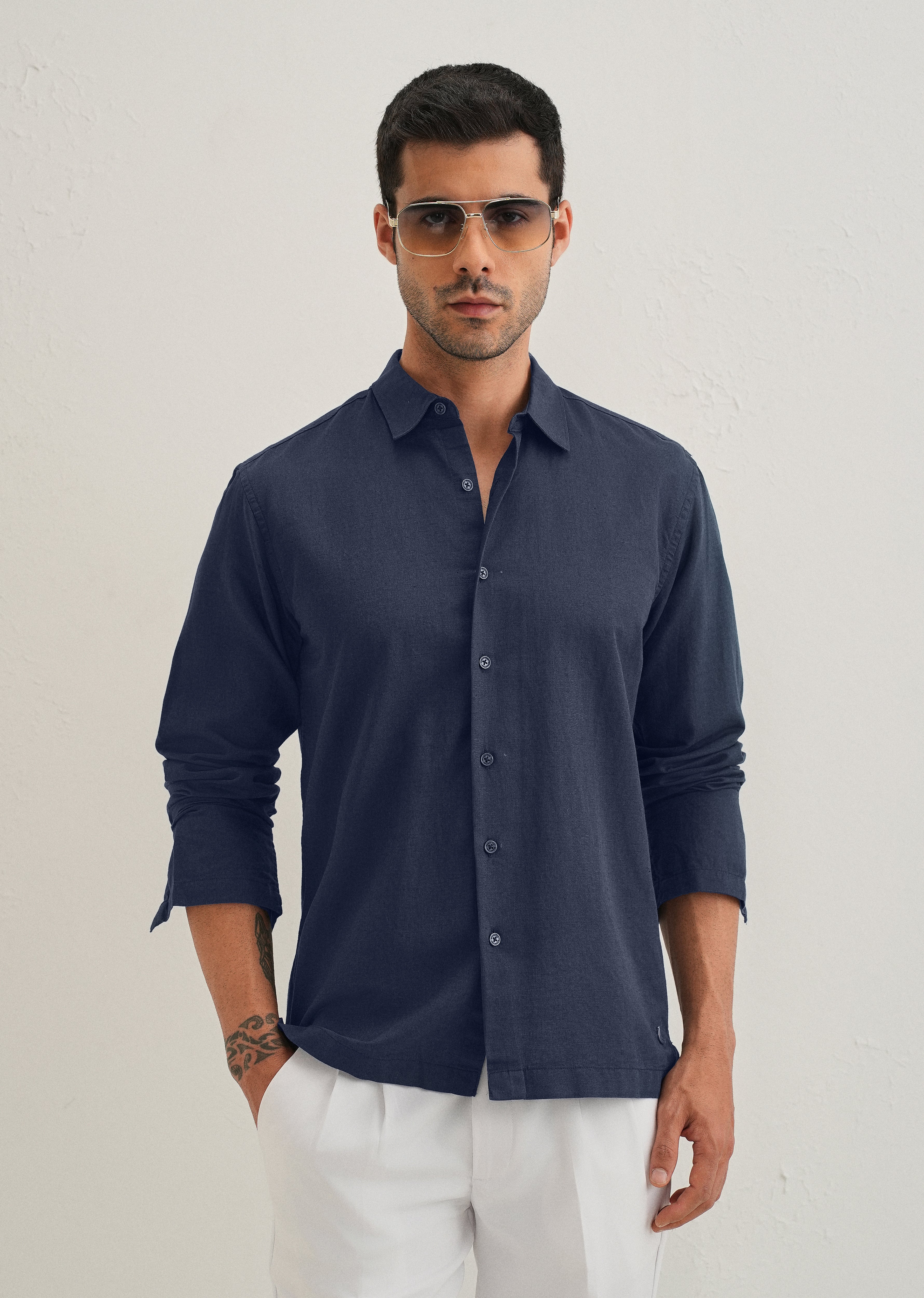 Navy Blue Hidden Sleeve Placket Cotton Linen Shirt