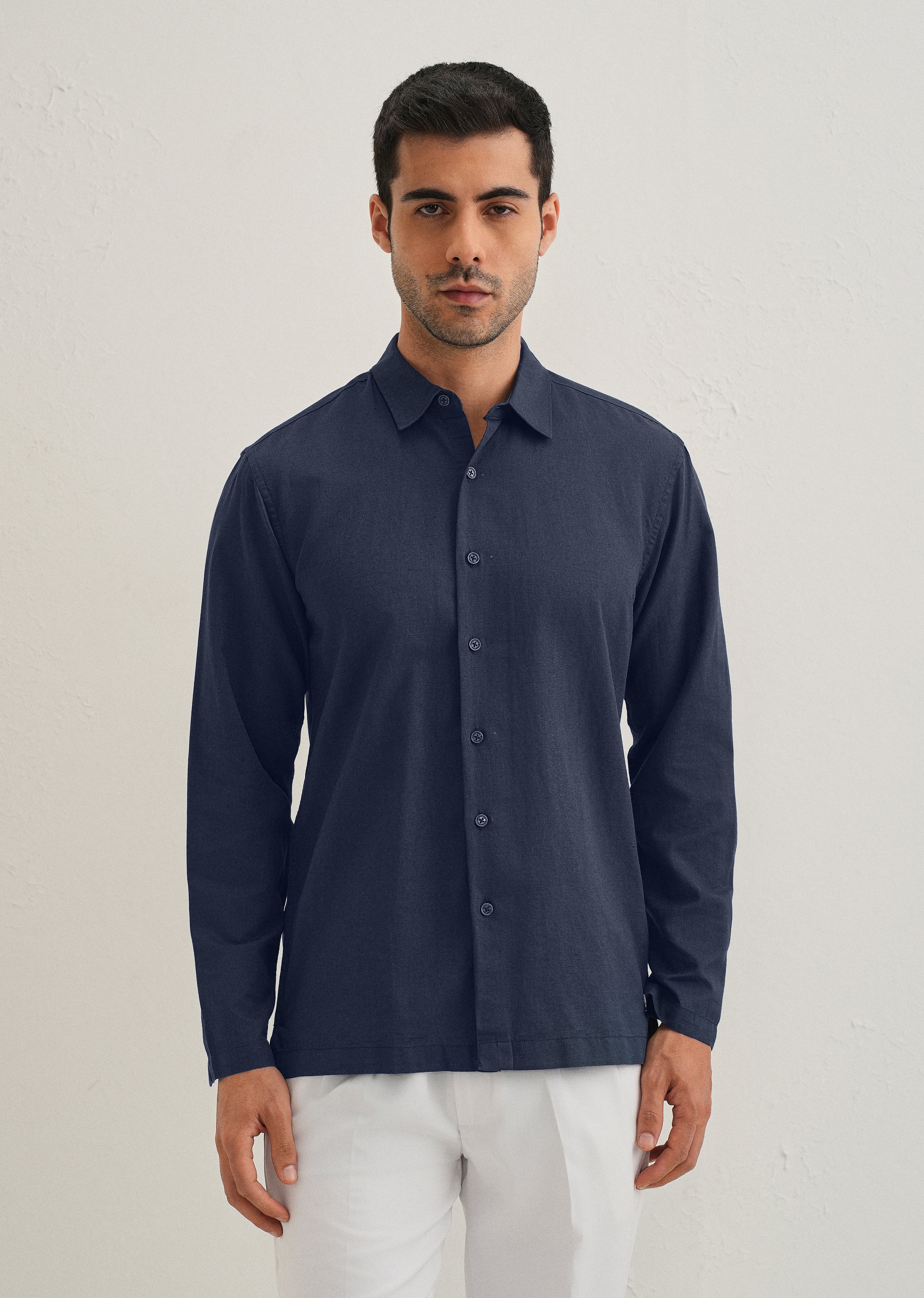 Navy Blue Hidden Sleeve Placket Cotton Linen Shirt