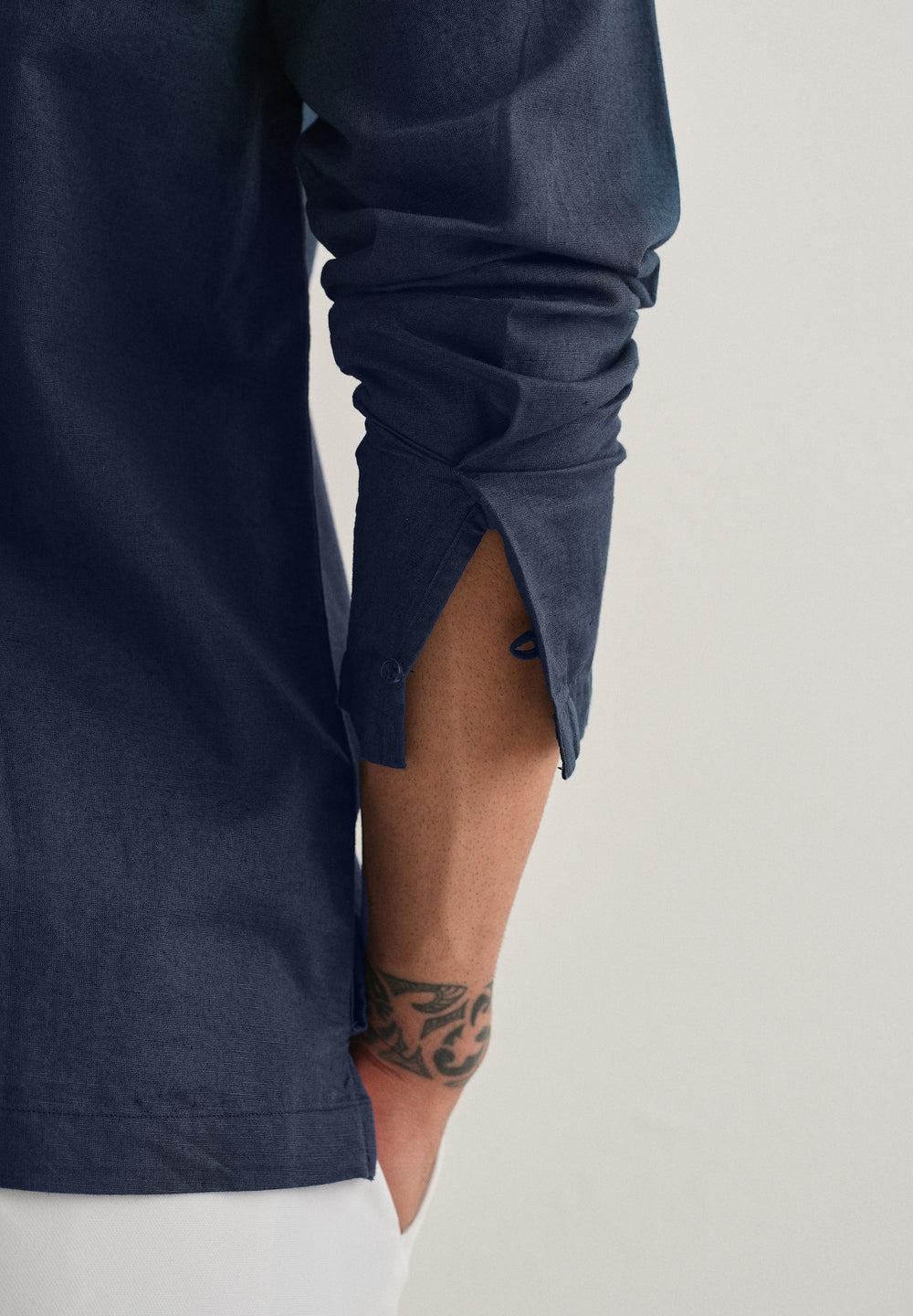 Navy Blue Hidden Sleeve Placket Cotton Linen Shirt