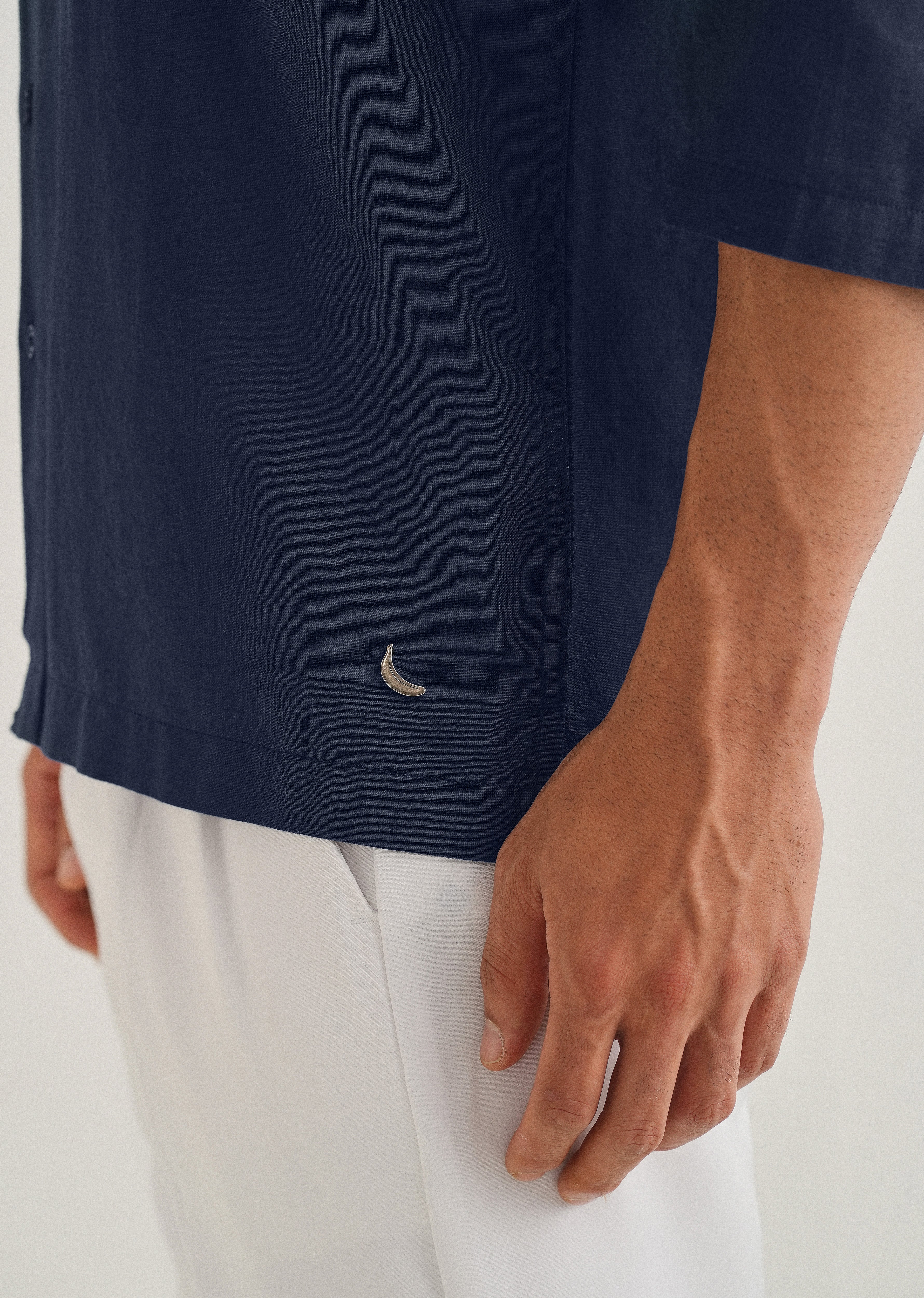 Navy Blue Hidden Sleeve Placket Cotton Linen Shirt