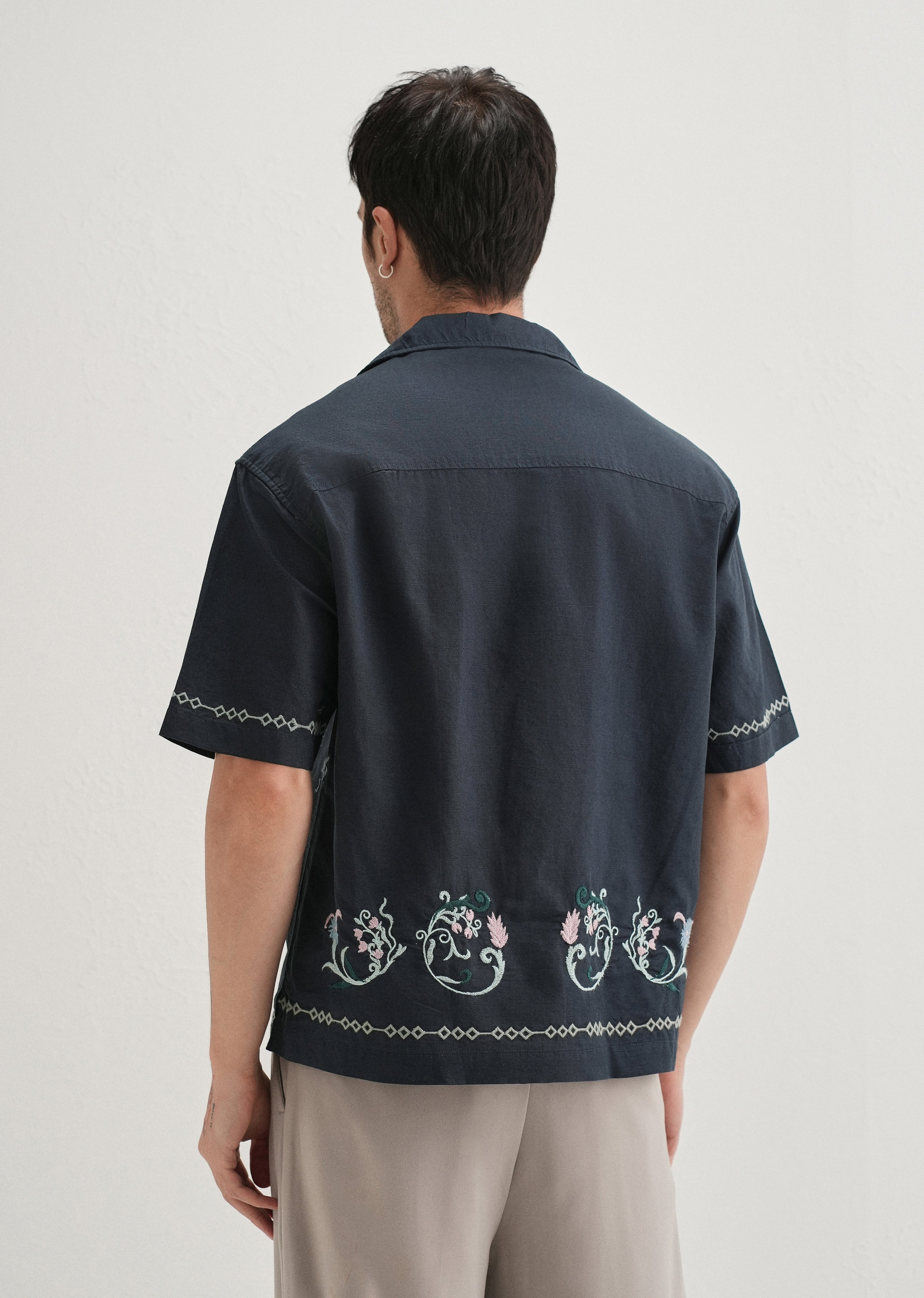 Navy Blue Panel Embroidered Shirt