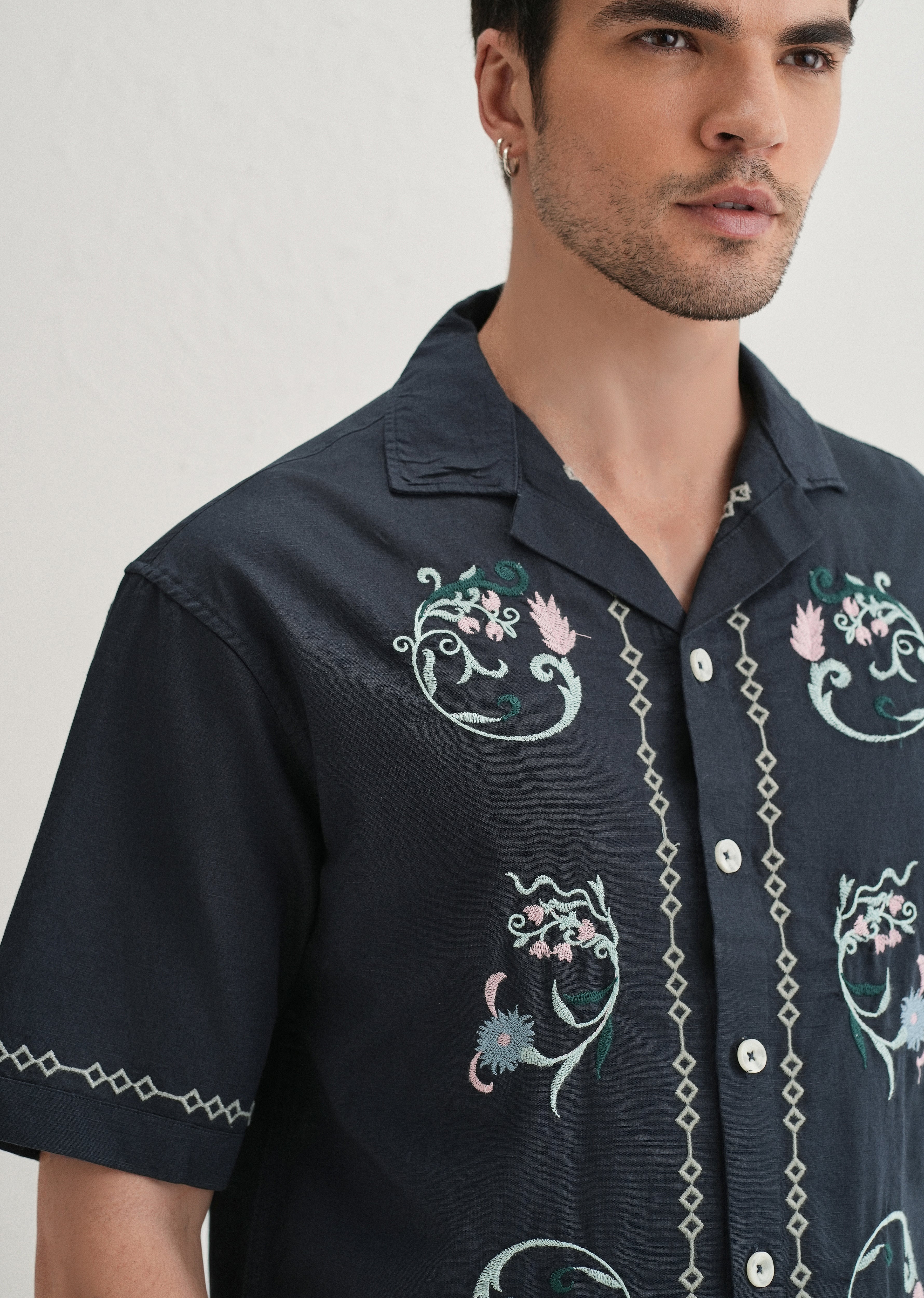 Navy Blue Panel Embroidered Shirt