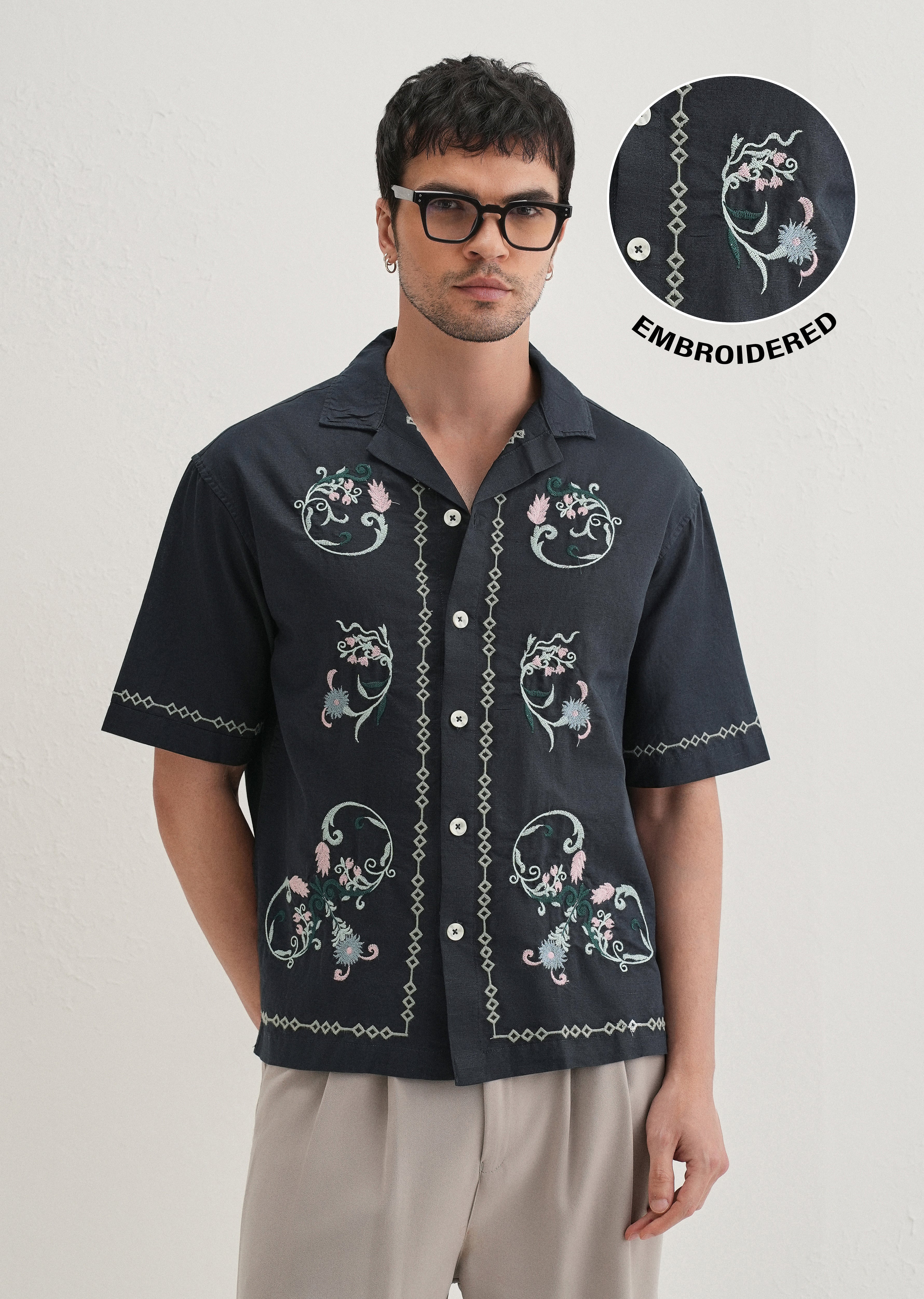 Navy Blue Panel Embroidered Shirt