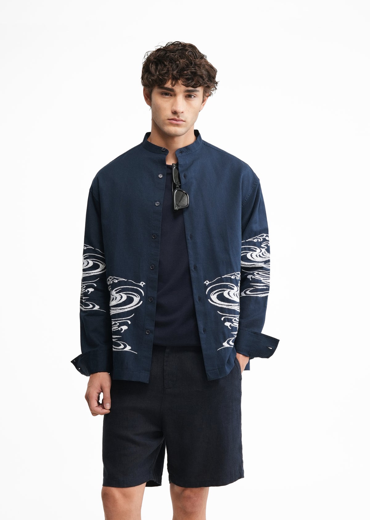 Navy Blue Placement Embroidered Shirt
