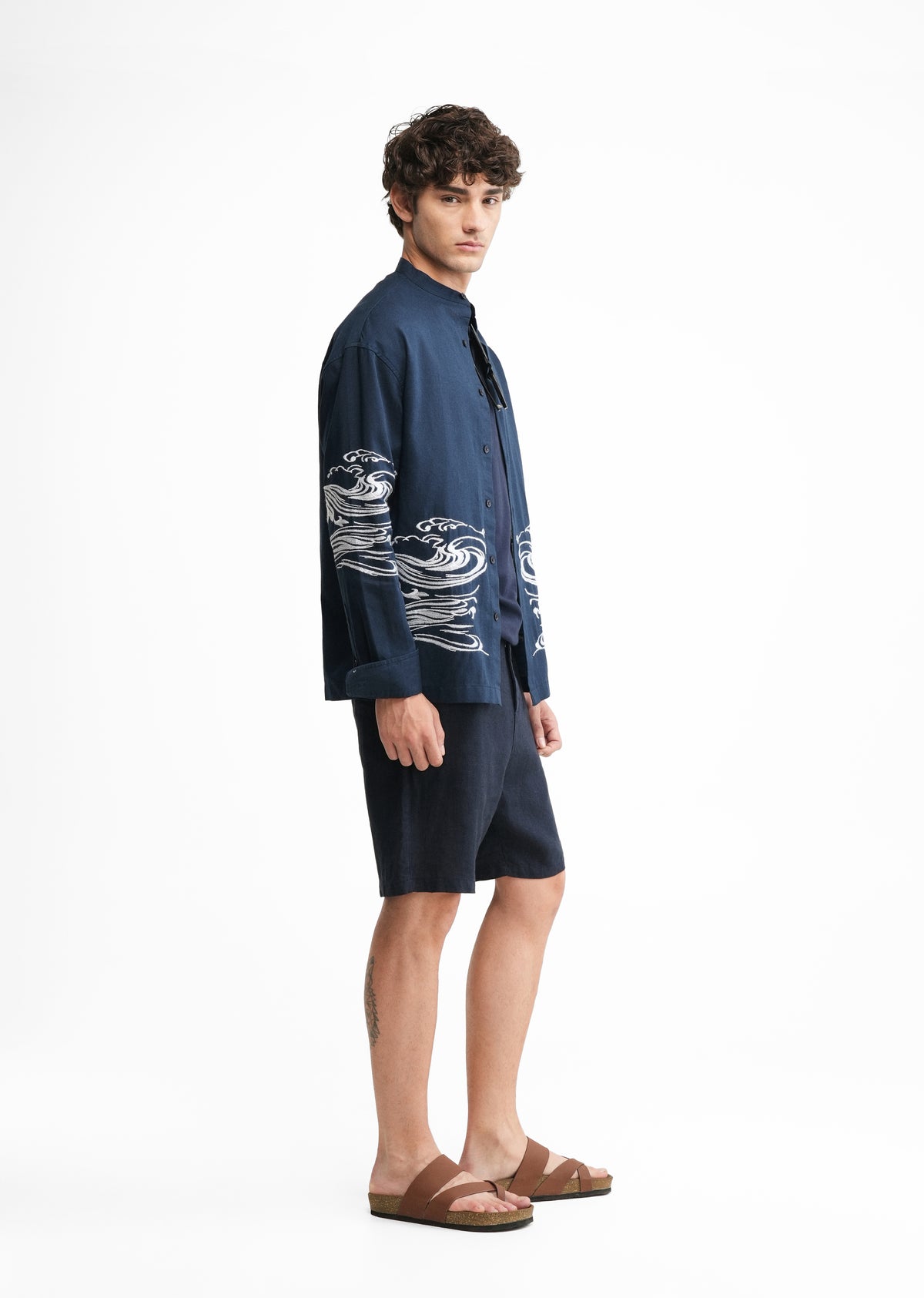 Navy Blue Placement Embroidered Shirt