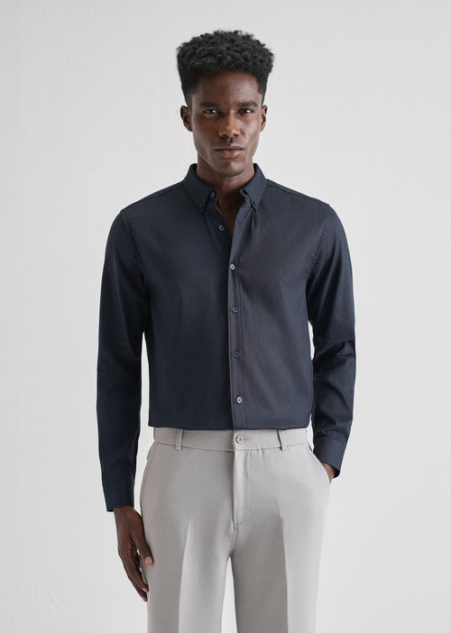 Navy Blue Plain Blended Cotton Regular Fit Shirt
