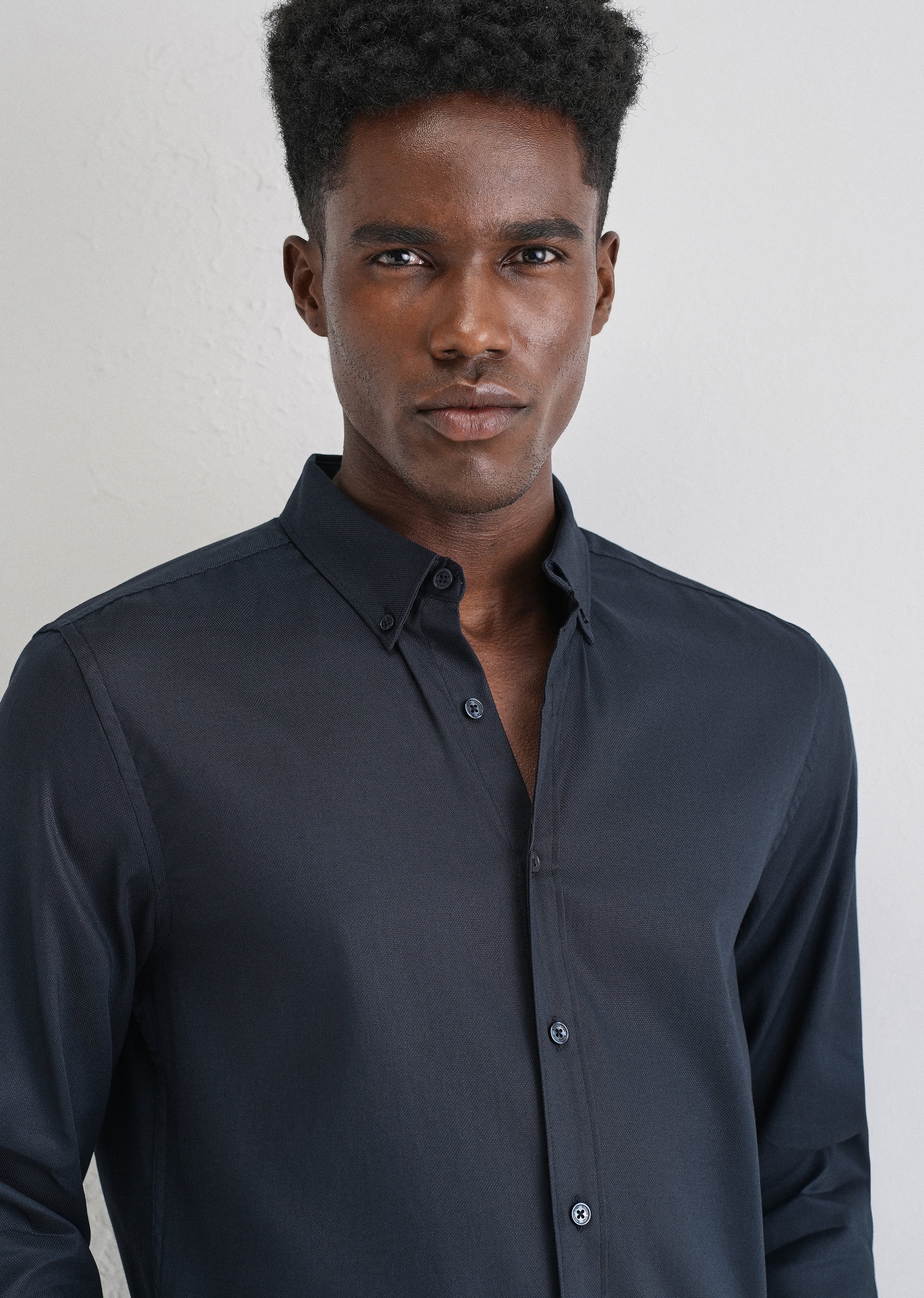 Navy Blue Plain Blended Cotton Regular Fit Shirt