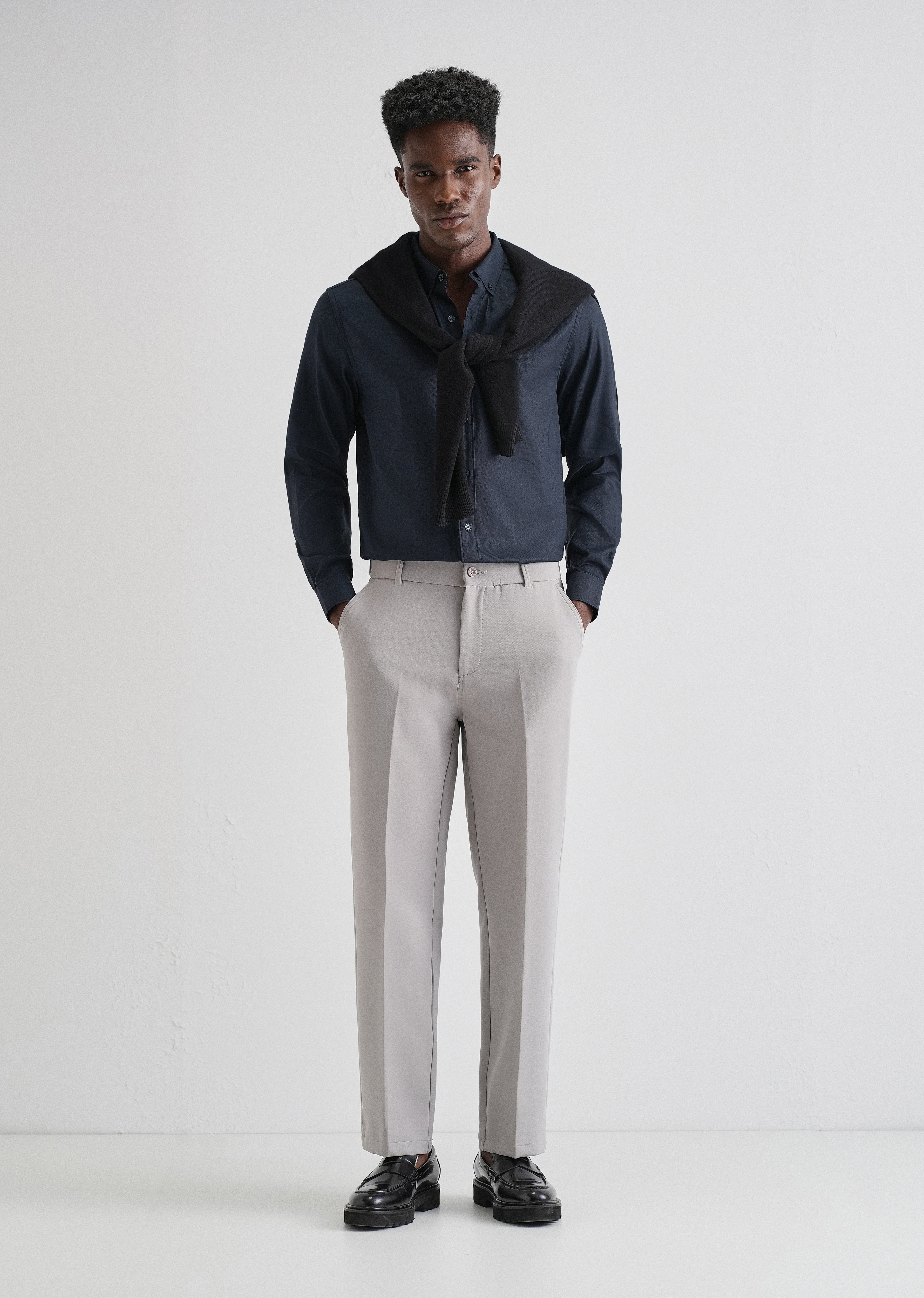 Navy Blue Plain Blended Cotton Regular Fit Shirt