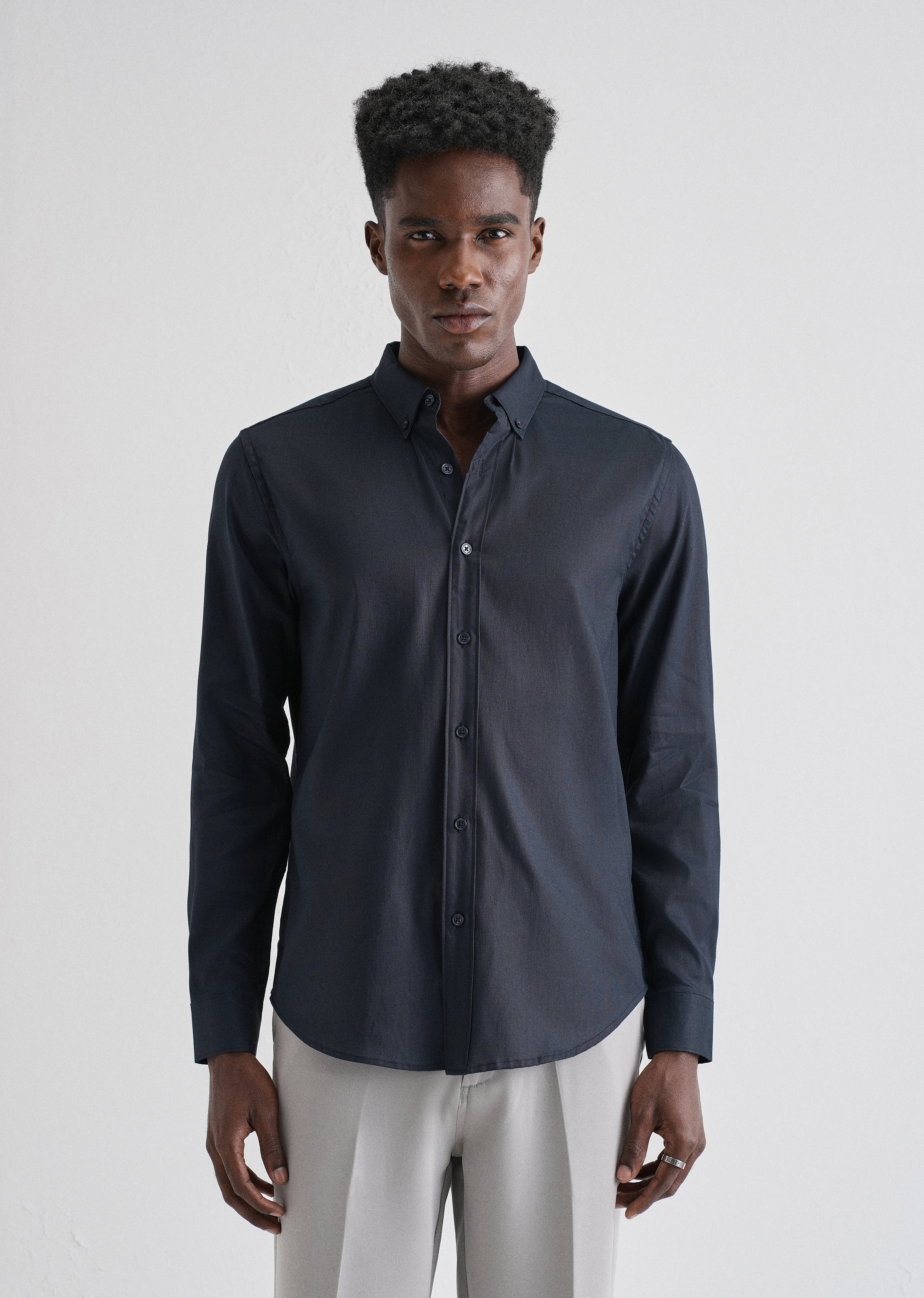 Navy Blue Plain Blended Cotton Regular Fit Shirt