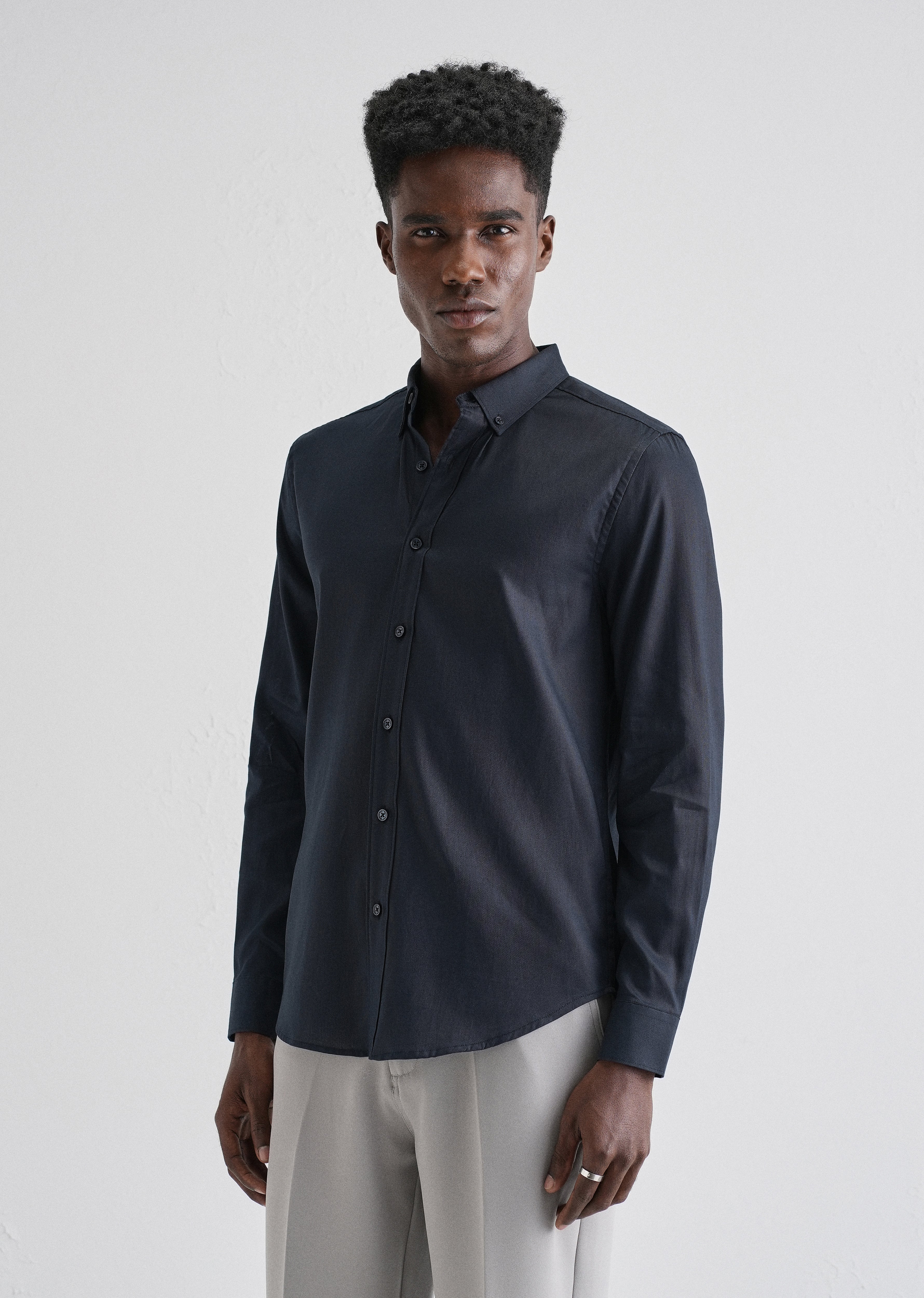 Navy Blue Plain Blended Cotton Regular Fit Shirt