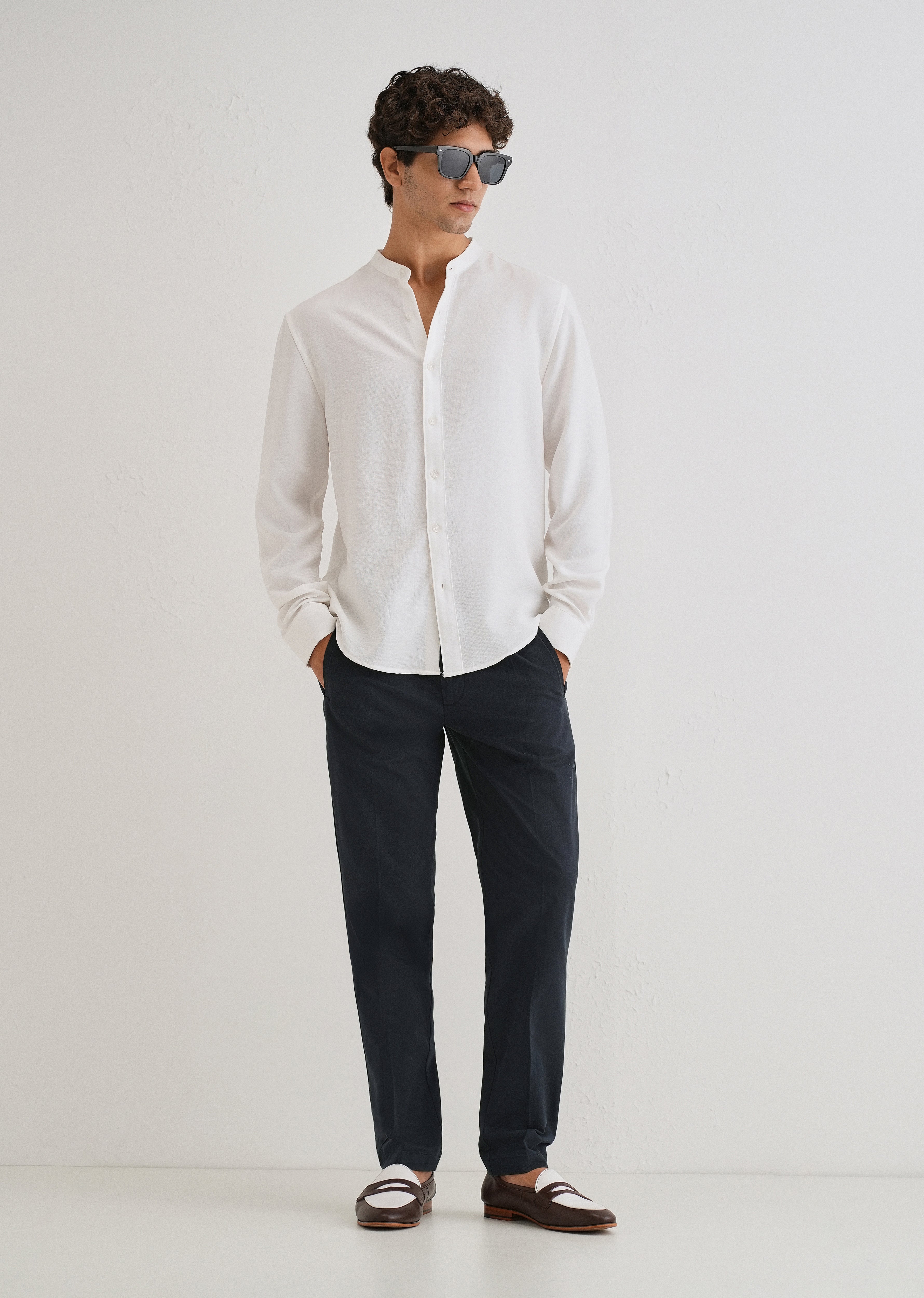 Navy Blue Plain Pleated Chinos