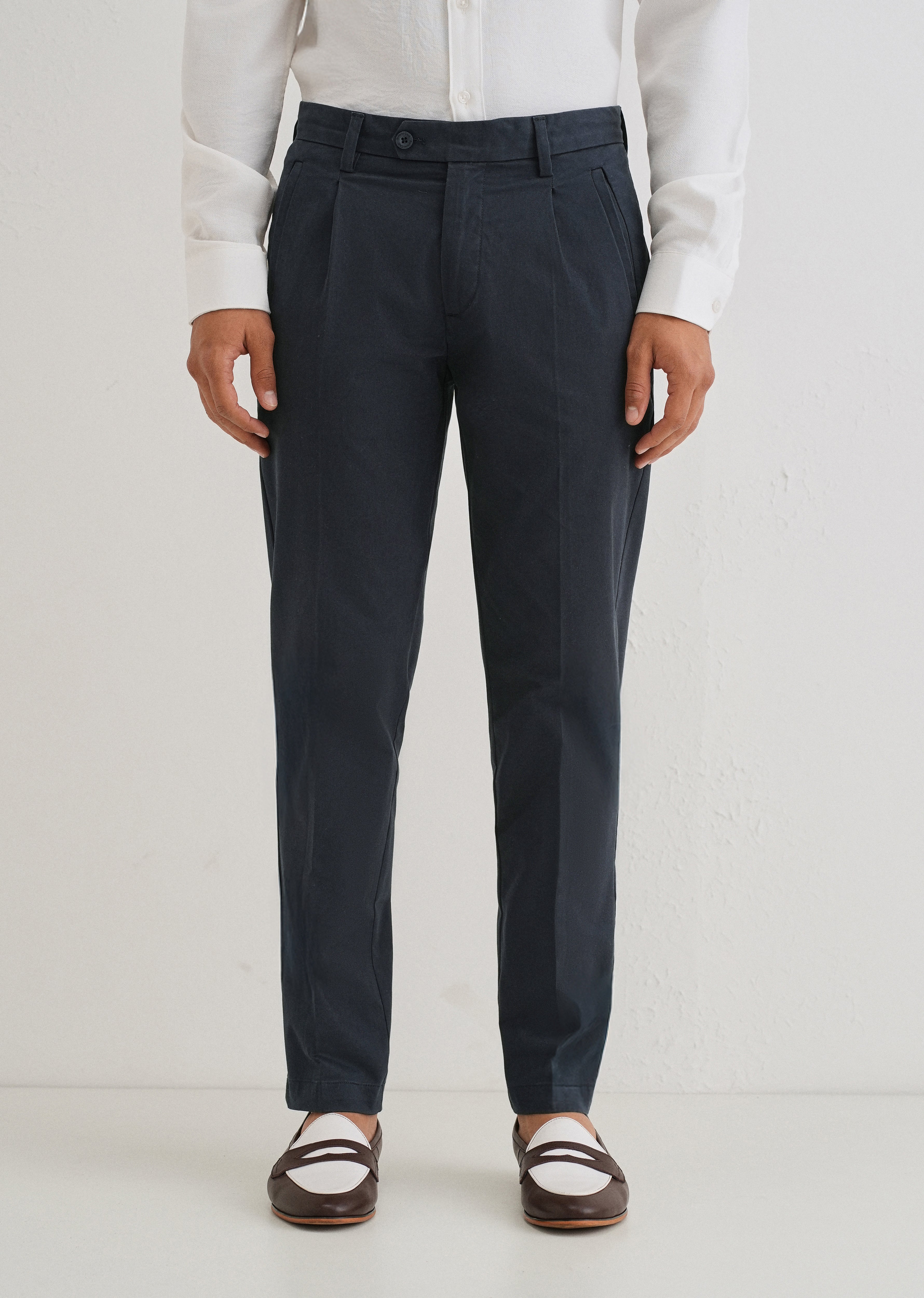 Navy Blue Plain Pleated Chinos