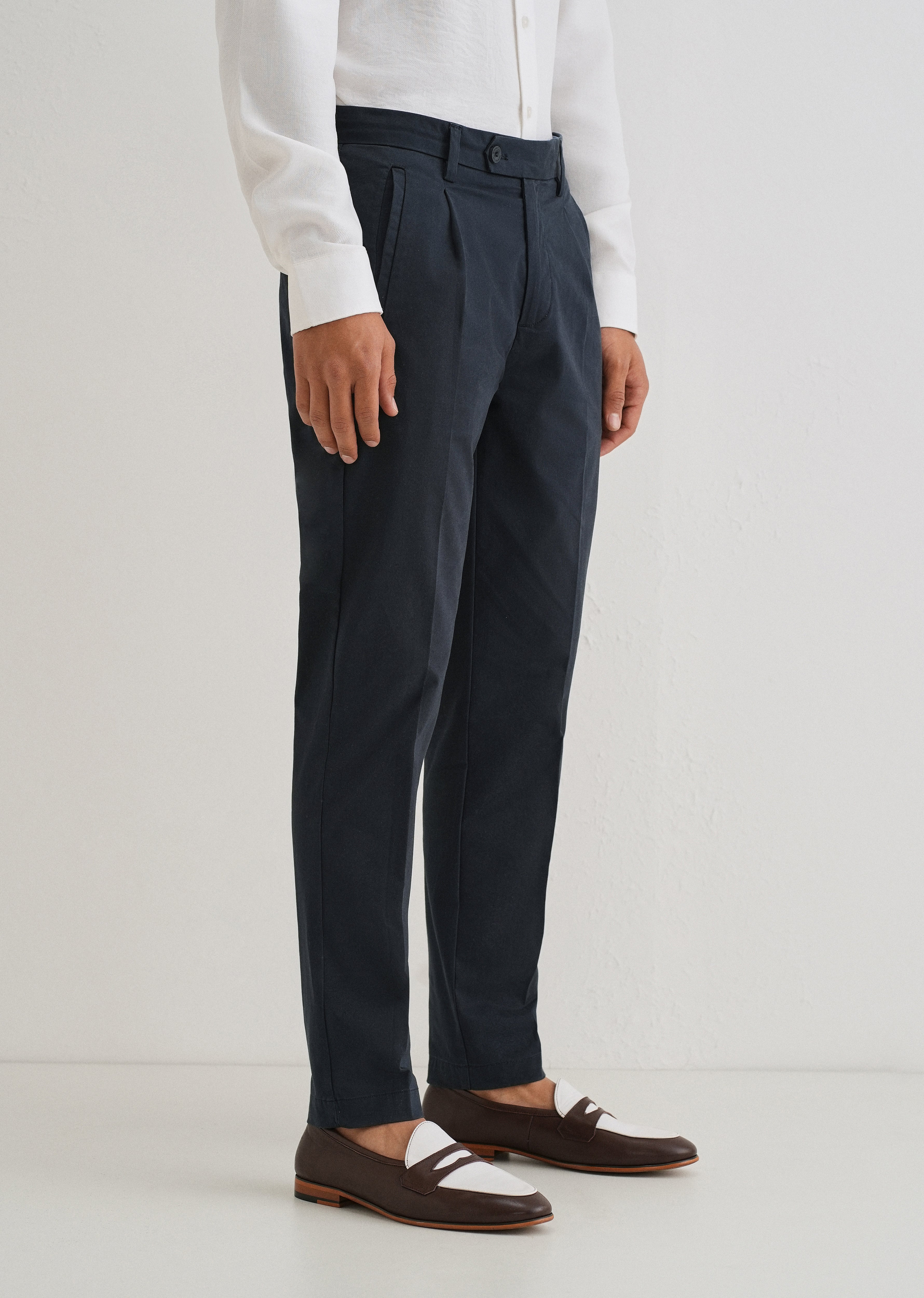 Navy Blue Plain Pleated Chinos