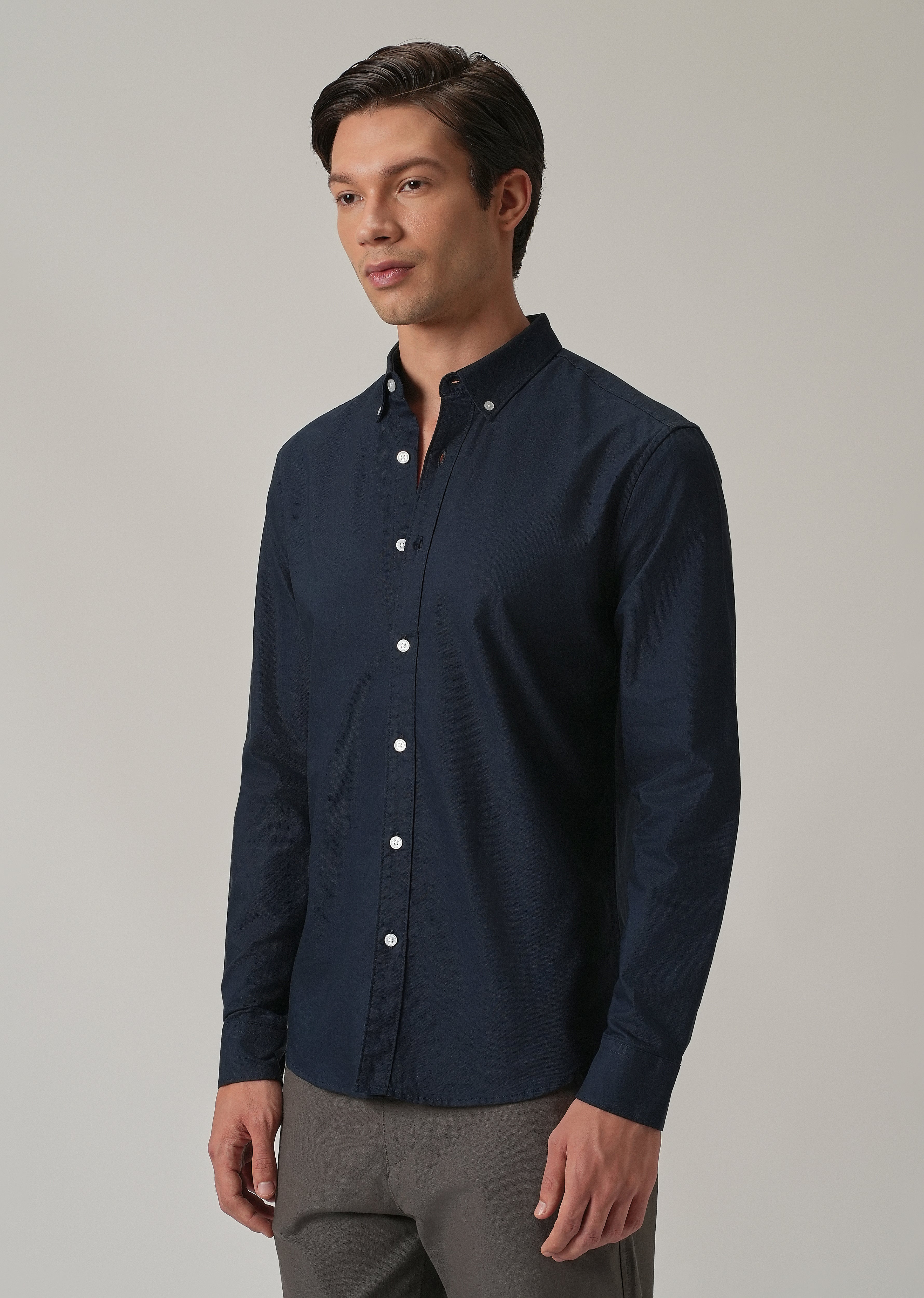 Navy Blue Plain Elbow Patch Oxford Shirt