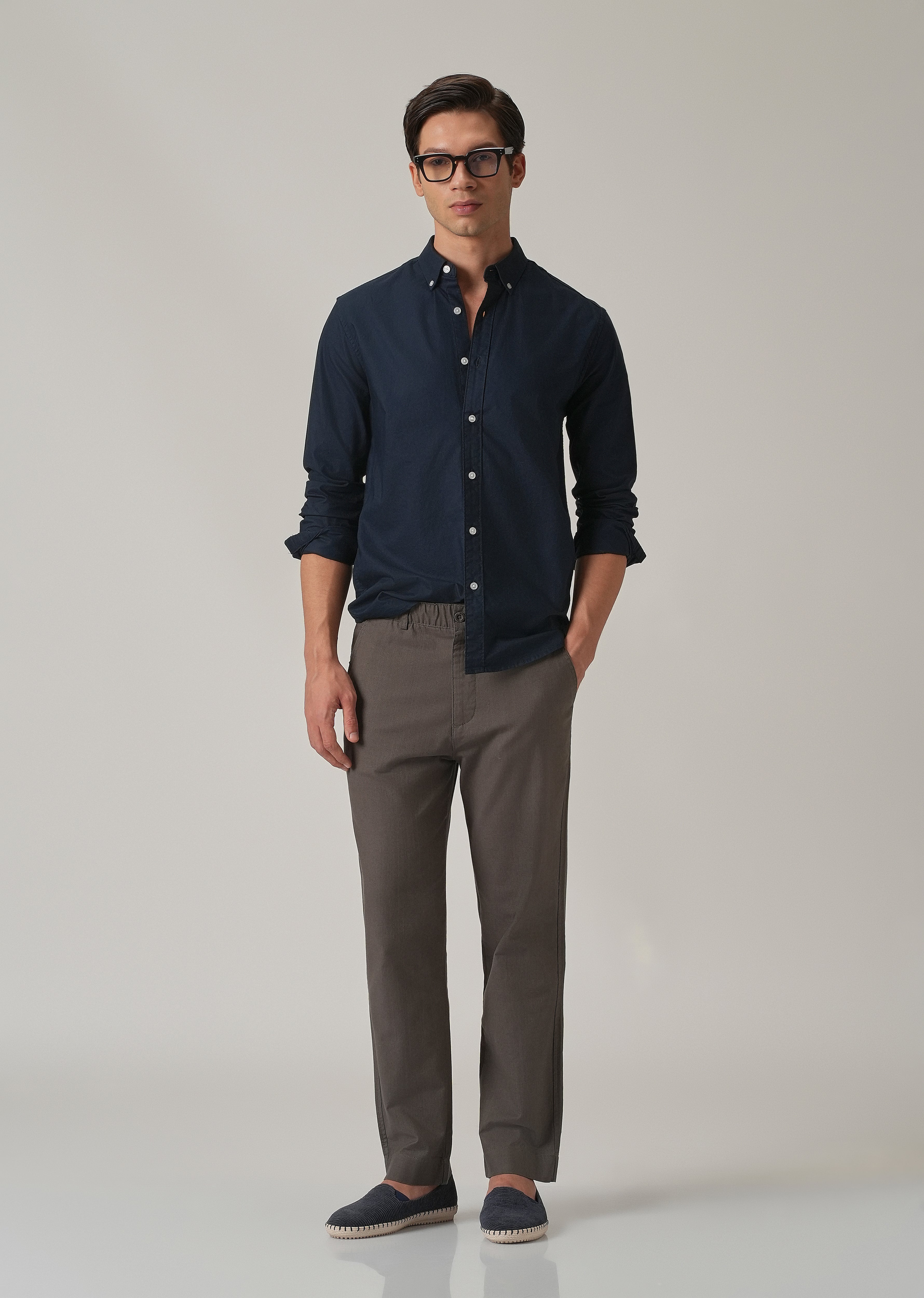 Navy Blue Plain Elbow Patch Oxford Shirt