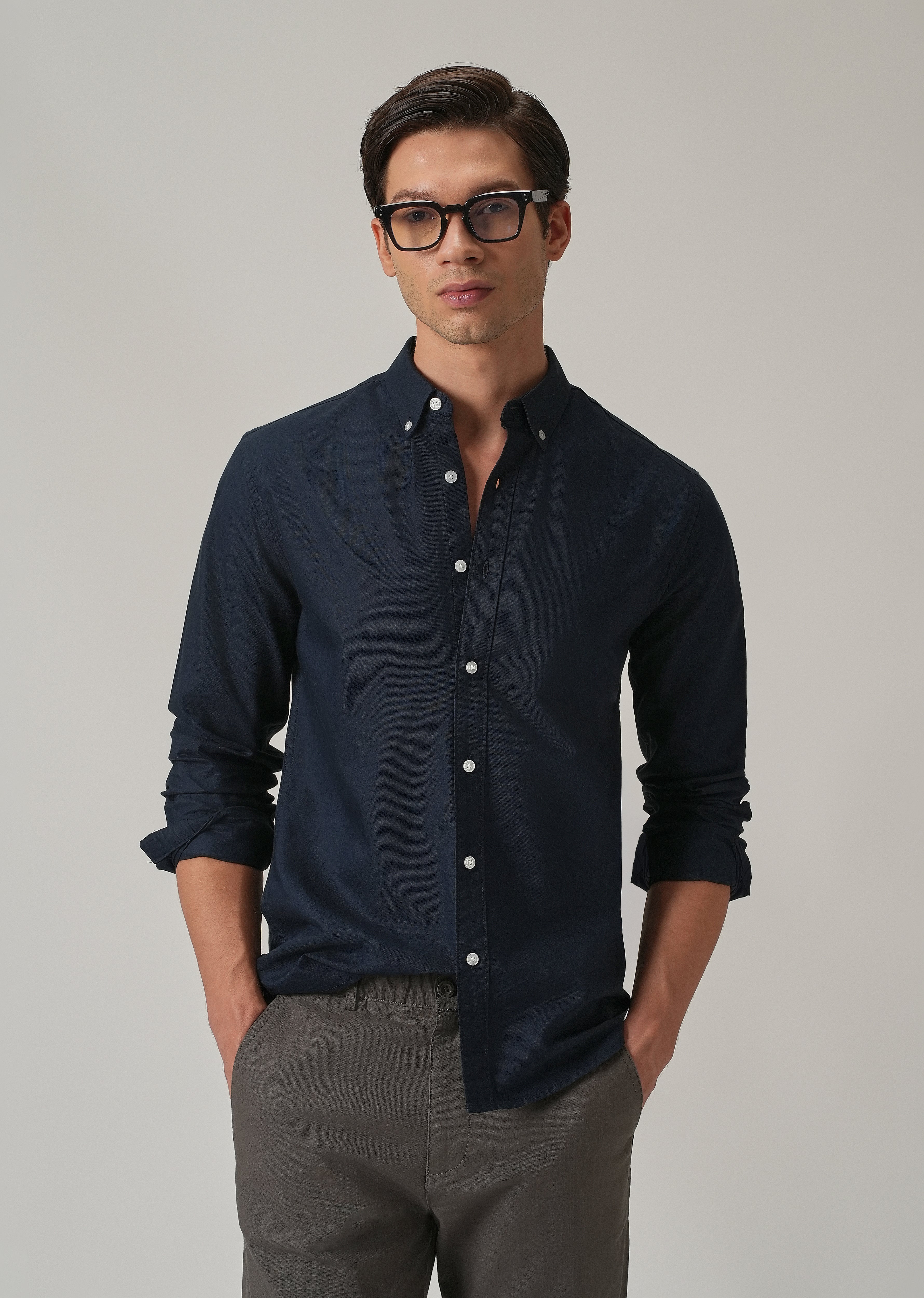 Navy Blue Plain Elbow Patch Oxford Shirt