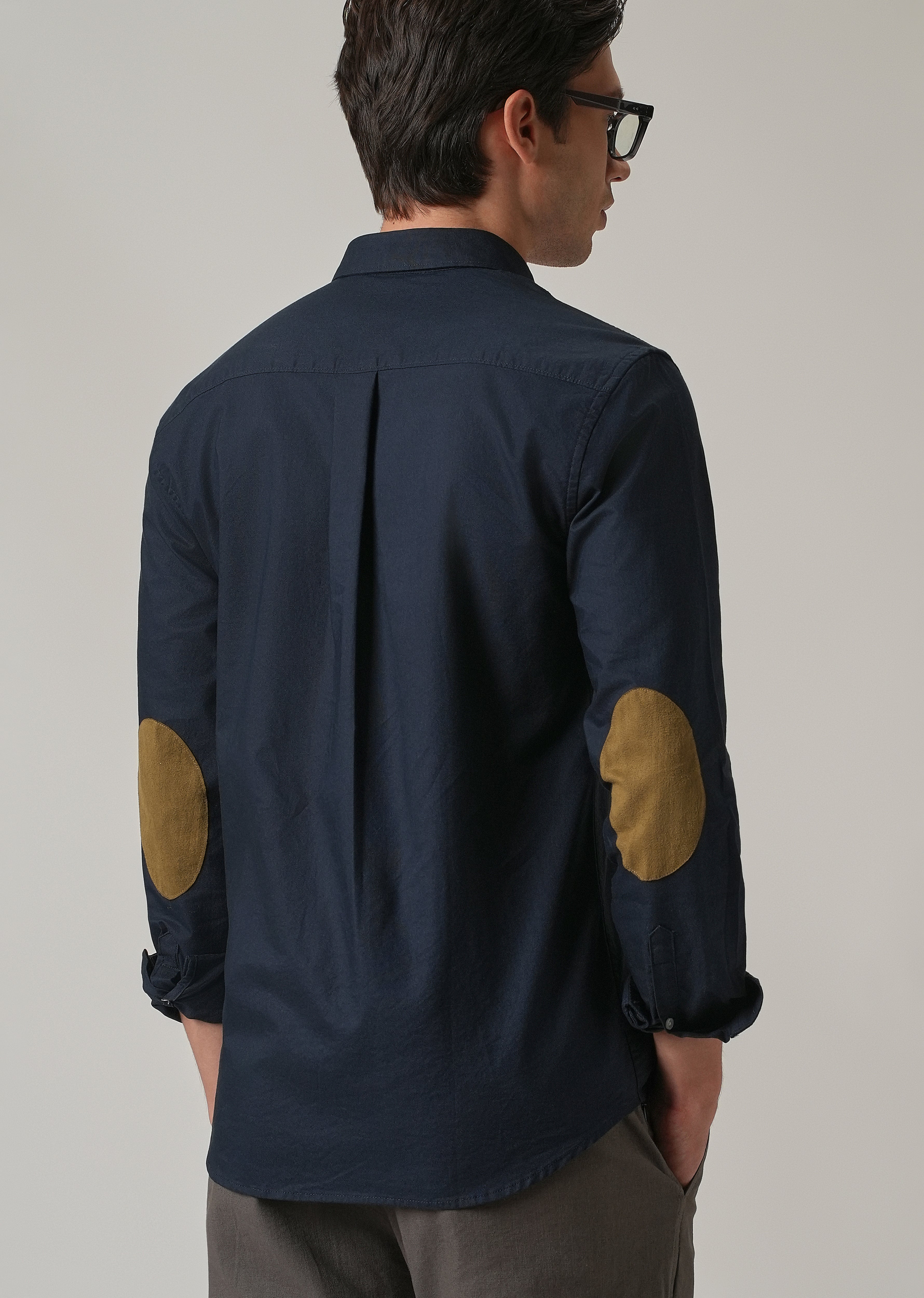 Navy Blue Plain Elbow Patch Oxford Shirt