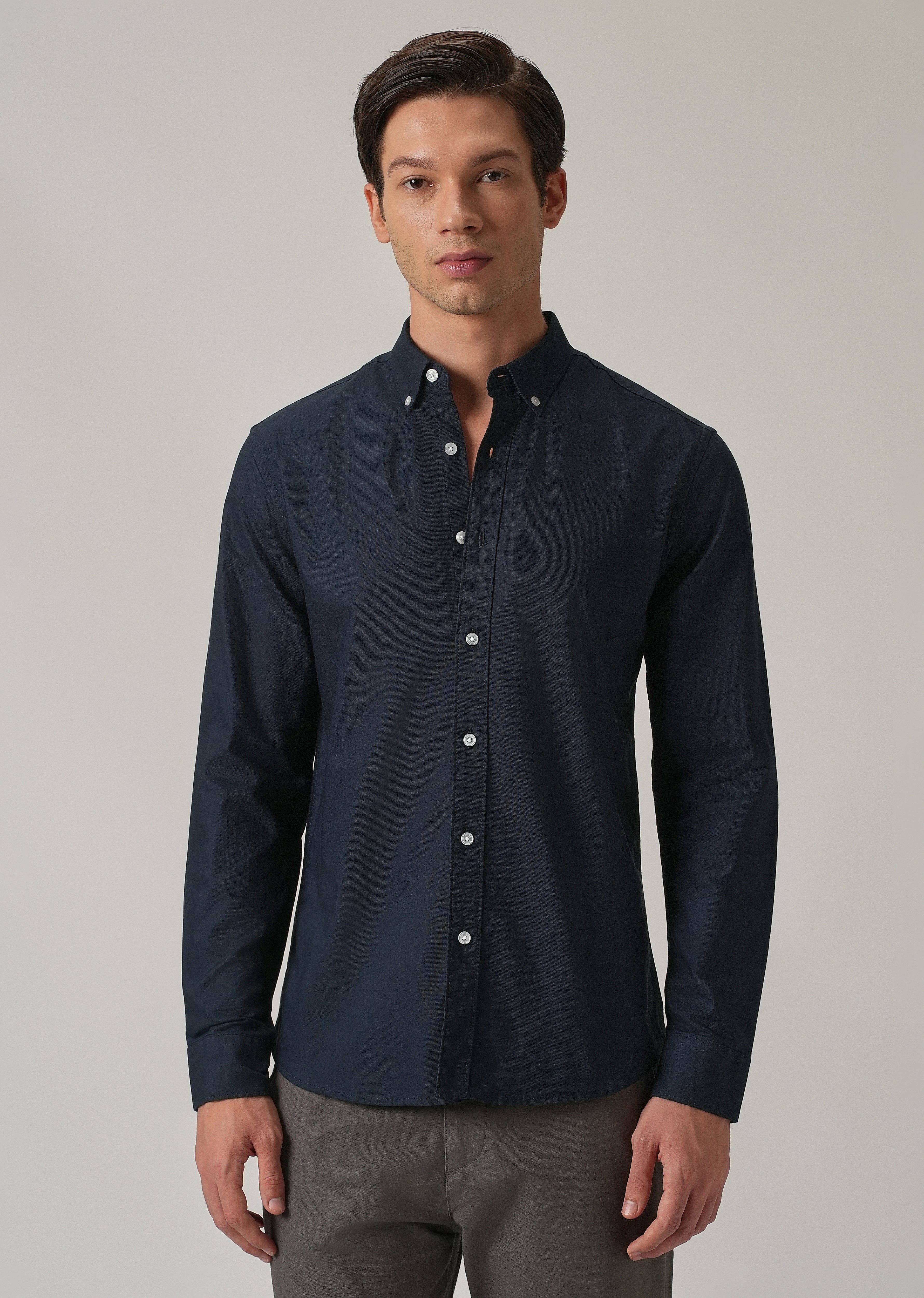 Navy Blue Plain Elbow Patch Oxford Shirt