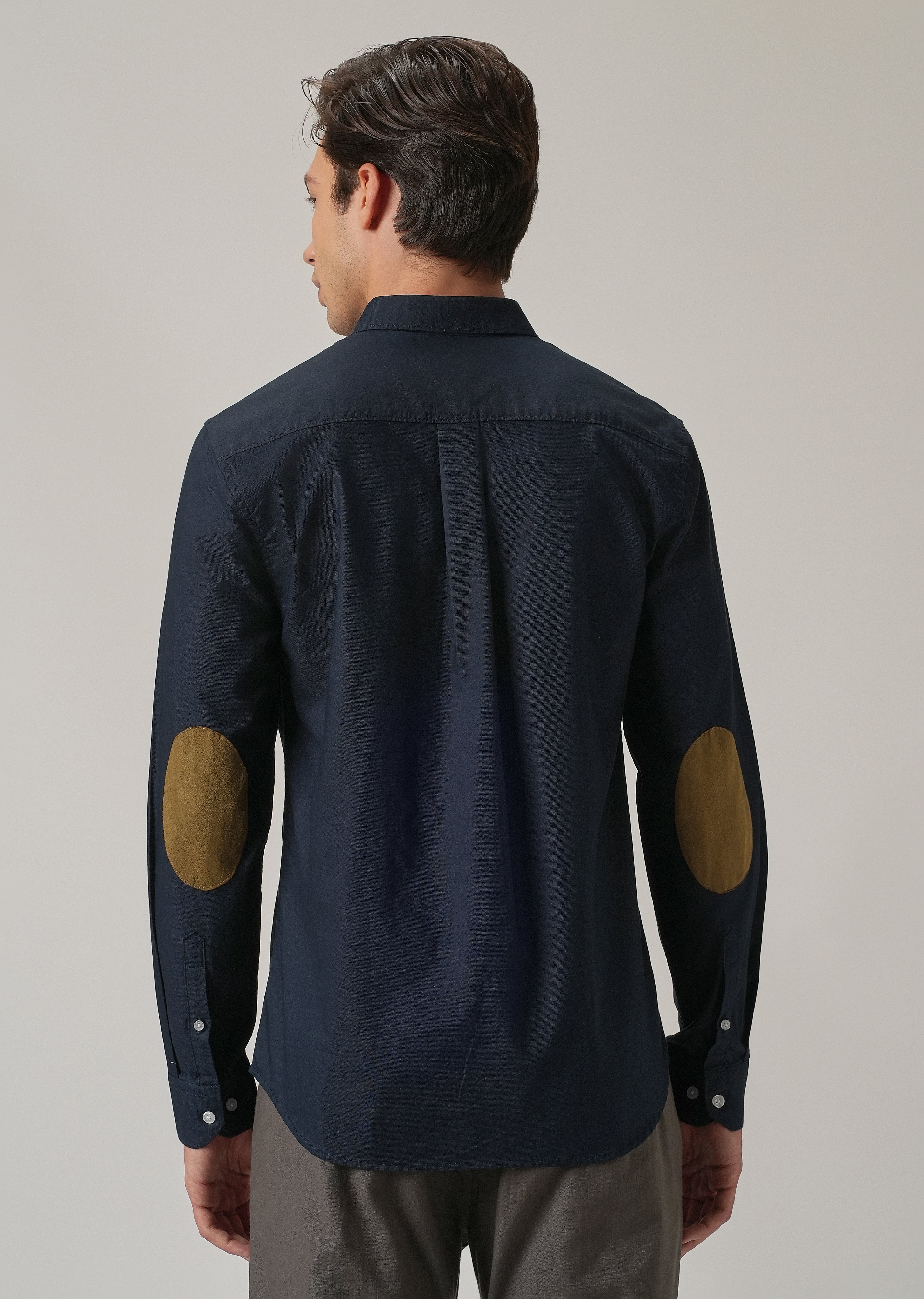 Navy Blue Plain Elbow Patch Oxford Shirt